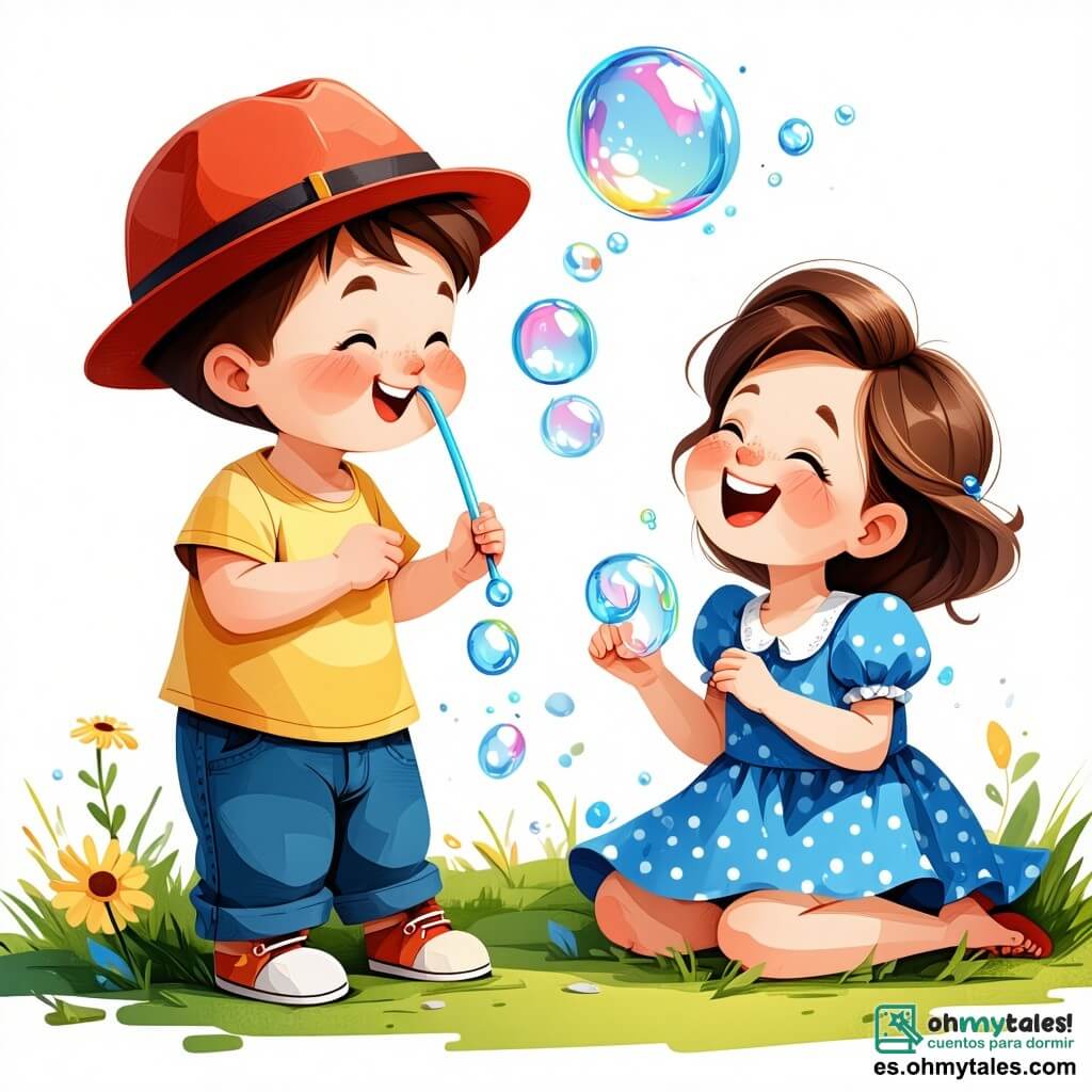 Un niño de 1 año, con una gran sonrisa y un pequeño sombrero rojo, está soplando en una popote para hacer burbujas. Sus mejillas están sonrojadas de emoción y sus ojos brillan de alegría. Junto a él, su mejor amiga Clara, una niña de 1 año, lleva un vestido azul con lunares y ríe a carcajadas. Ella está sentada en la hierba, con las manos levantadas, lista para atrapar una burbuja que se eleva. El lugar es un parque soleado, lleno de vegetación, con majestuosos árboles y flores coloridas que bailan con el viento. Burbujas brillantes flotan en el aire, creando un ambiente mágico y alegre. La escena principal muestra a Juanito y Clara jugando juntos, rodeados de burbujas que ascienden al cielo, mientras sus amigos llegan para unirse a ellos y divertirse.