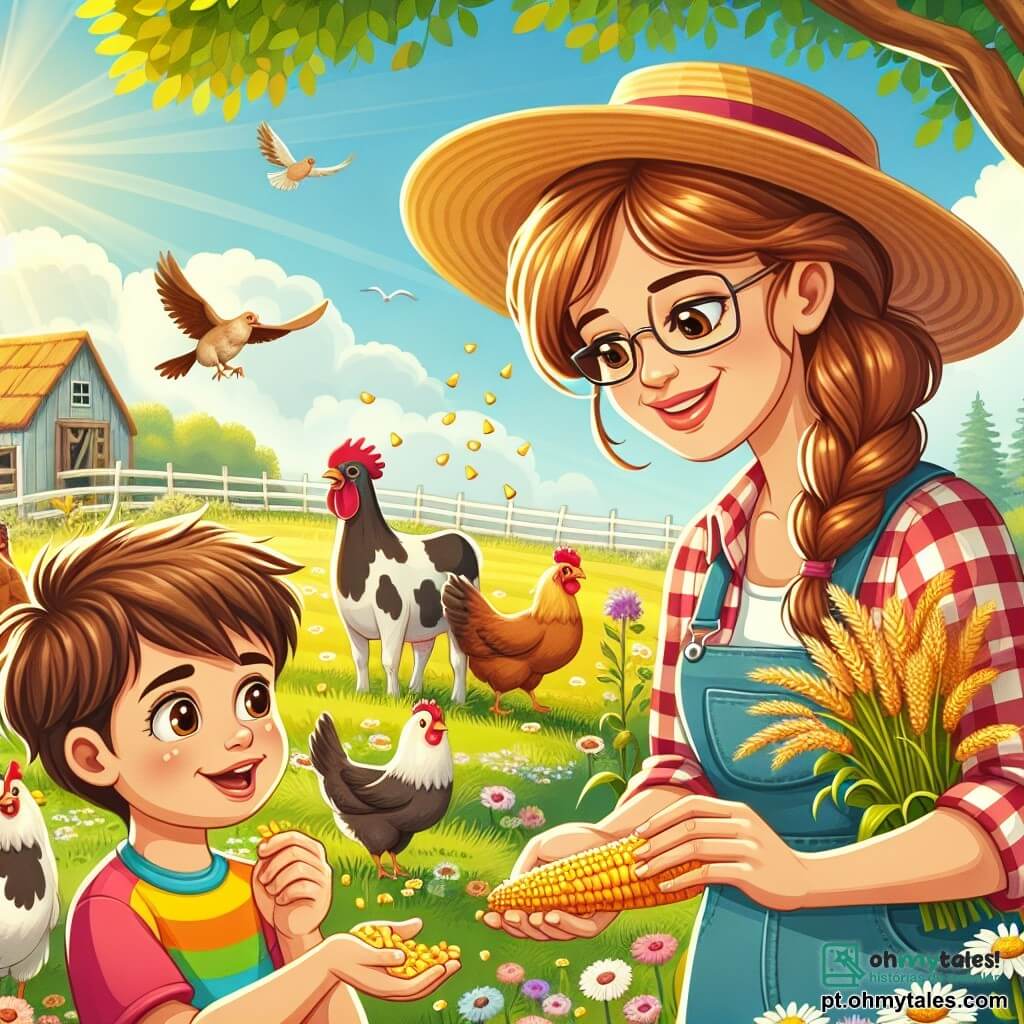 A cena ocorre em uma fazenda ensolarada, com campos verdes e animais felizes. Em primeiro plano, a fazendeira Clara, uma mulher de trinta anos, sorridente e cheia de vida, usa um chapéu de palha e uma camisa xadrez. Ela está alimentando galinhas com milho, seus olhos brilhando de felicidade. Ao seu lado, Miguel, um menino de 7 anos, curioso e entusiasmado, com cabelos castanhos bagunçados e uma camiseta colorida, segura um punhado de milho, pronto para alimentar as galinhas. Ele admira Clara, de pé ao seu lado. Ao fundo, a fazenda é cercada por campos de flores silvestres, com vacas pastando tranquilamente e uma grande árvore sombreada onde pássaros cantam. A cena principal mostra Clara e Miguel compartilhando um momento feliz, alimentando juntos os animais da fazenda, ilustrando o amor e a curiosidade de Miguel pela vida no campo.