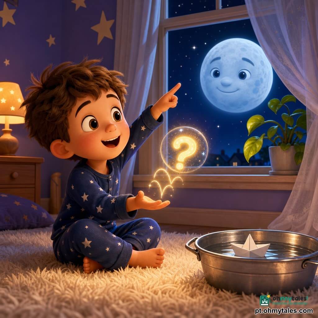 Noé, menino de 4 anos maravilhado e sorridente, cabelo castanho desgrenhado, de pijama azul-escuro com pequenas estrelas brancas, sentado no tapete apontando para a janela e alcançando uma pequena luz flutuante em forma de ponto de interrogação que salta três vezes, amarelo pálido e cintilante; a Lua grande e amigável aparece pela janela com rosto suave e sorriso; um barquinho de papel branco flutua numa bacia prateada refletindo a lâmpada, e uma pequena planta em vaso inclina-se para dentro; quarto noturno e acolhedor com paredes lavanda, estrelas pintadas, cortina translúcida ao vento, tapete creme e luminária quente; cena centrada em Noé e na luz, perspectiva íntima e contraste suave entre o interior quente e o céu frio, mostrando três caminhos imaginários (vento na cortina, barquinho na bacia, planta que se anima).