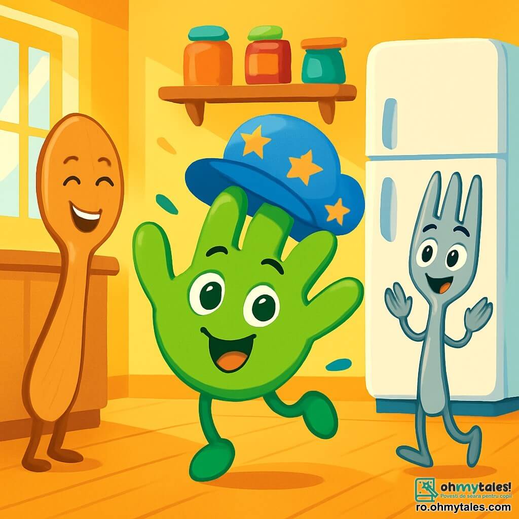 Mănuța Verde, o mână mică și zâmbitoare, dansează cu entuziasm în bucătărie. Poartă o pălărie frumoasă albastră cu stele galbene, iar degetele ei sunt colorate în verde aprins. Lingura, o lingură de lemn prietenoasă, râde alături de ea, iar Furculița, o furculiță argintie curioasă, aplaudă vesel. Scena are loc într-o bucătărie caldă, cu pereți galbeni, rafturi pline de borcane colorate și un frigider alb strălucitor. Mănuța Verde și prietenii ei dansează bucuros, celebrând descoperirea capacelului ei prețios, creând o atmosferă de fericire și camaraderie.