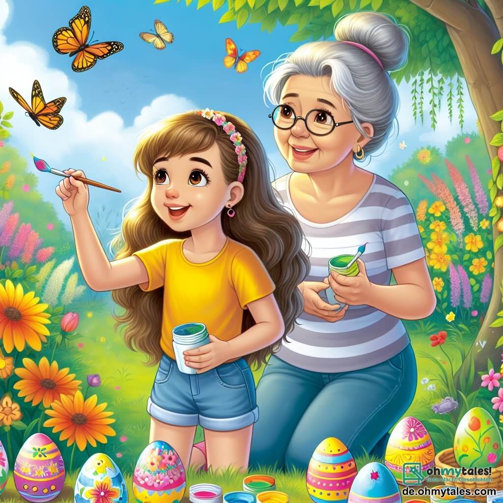 Ein 10-jähriges Mädchen, Mia, mit langen braunen Haaren und strahlenden Augen, malt bunte Ostereier im Garten. Sie trägt ein leuchtend gelbes T-Shirt und eine Jeansshorts, und ihr Lächeln strahlt vor Aufregung. Neben ihr beobachtet ihre Großmutter, eine ältere Frau mit grauen Haarknoten und Brille, sie liebevoll, während sie einen Pinsel in der Hand hält. Der Garten ist voller leuchtender Blumen, schwirrender Schmetterlinge und eines großen Baumes mit grünem Laub, was eine fröhliche, frühlingshafte Atmosphäre schafft. Mia und ihre Großmutter sind von vielen bemalten Eiern umgeben, und die Luft ist erfüllt von Lachen und Kreativität, während sie die große Ostereiersuche vorbereiten.