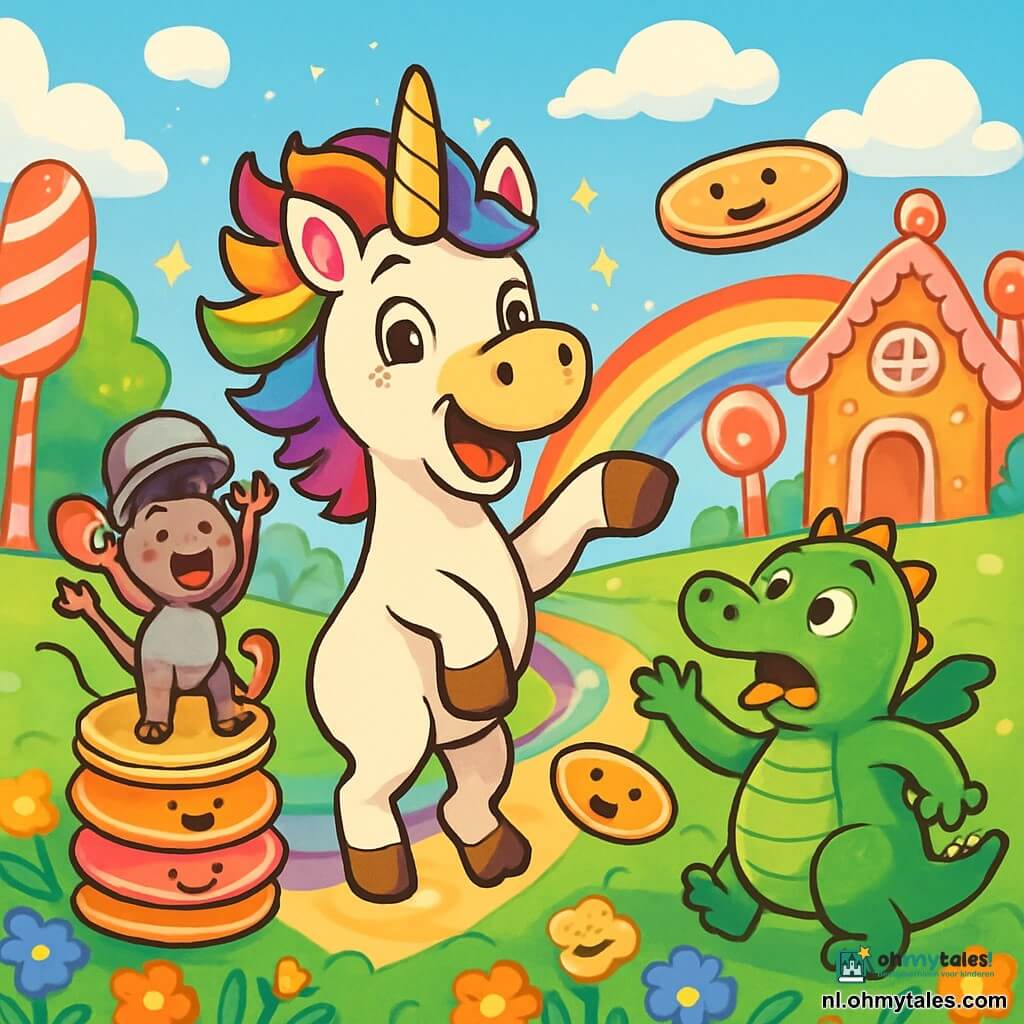 Een eenhoorn genaamd Flip, met een glanzende regenboogmanen en sprankelende ondeugende ogen, staat in het midden van de afbeelding. Ze heeft een grote blije glimlach en een spiraalvormige staart die in de lucht danst. Flip springt vrolijk met haar voorpoten omhoog, terwijl glitters om haar heen schitteren. Naast haar staat Miep, een klein grijs muisje met grote oren en een panvormige helm, die enthousiast haar armen in de lucht steekt. Ze staat op een stapel kleurrijke pannenkoeken die vrolijk zingen. Iets verderop probeert Bobbel, een ronde groene draak met glanzende schubben en ronde ogen, een ontsnapte pannenkoek te vangen, met zijn tong naar voren. De achtergrond toont een prachtig veld met kleurrijke bloemen, met suikerspinachtige bomen en een stralende blauwe lucht vol met snoepvormige wolken. In de verte leidt een regenboogpad naar een grote snoepwinkel, waar de race plaatsvindt. De hoofdscene toont Flip en haar vrienden in volle race, omringd door zingende pannenkoeken die om hen heen springen, wat een feestelijke en leuke sfeer creëert.
