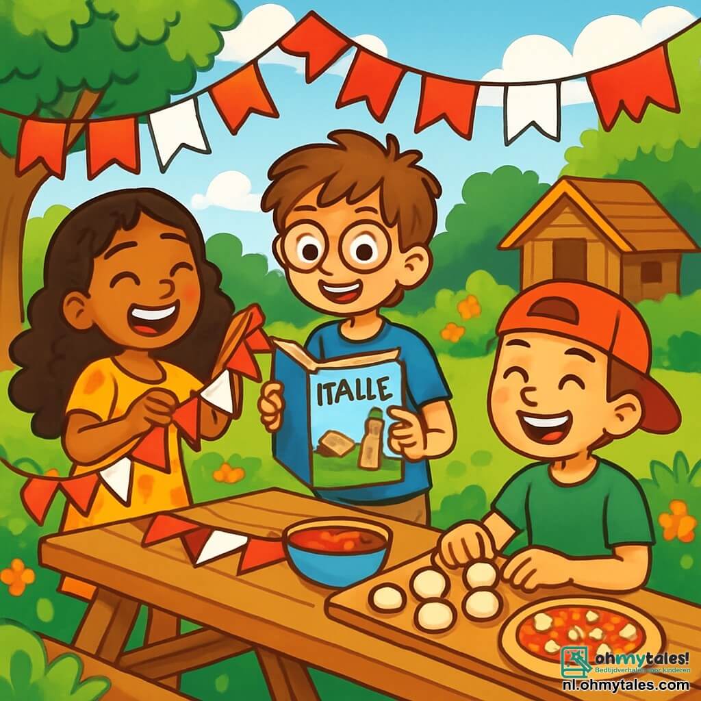 Er zijn 3 personages: - Sam: een 10-jarig jongen met rommelig kastanjebruin haar en een bril met ronde glazen. Hij draagt een blauwe t-shirt en een beige short. Hij staat in het midden en houdt een geïllustreerd boek over Italië vast. - Noor: een 10-jarig meisje met lange krullende haren en een grote glimlach. Ze draagt een gele bloemenjurk. Ze staat links van Sam en is bezig met het versieren van een rode en witte papieren slinger. - Bilal: een 10-jarig jongen met een rode pet en een groene t-shirt. Hij heeft een grote glimlach en zit rechts van Sam, terwijl hij kleine deegbollen maakt om pizza's te bereiden. De locatie is een mooie zonnige tuin, vol met kleurrijke bloemen en groene bomen. In het midden staat een grote picknicktafel versierd met papieren slingers. Op de achtergrond is een klein houten huisje en een blauwe lucht met witte wolken te zien. De hoofdscène toont de drie vrienden die een Italiaanse maaltijd aan het voorbereiden zijn, lachend en plezier makend, omringd door hun kleurrijke creaties, klaar om van hun heerlijke zelfgemaakte pizza's te genieten.