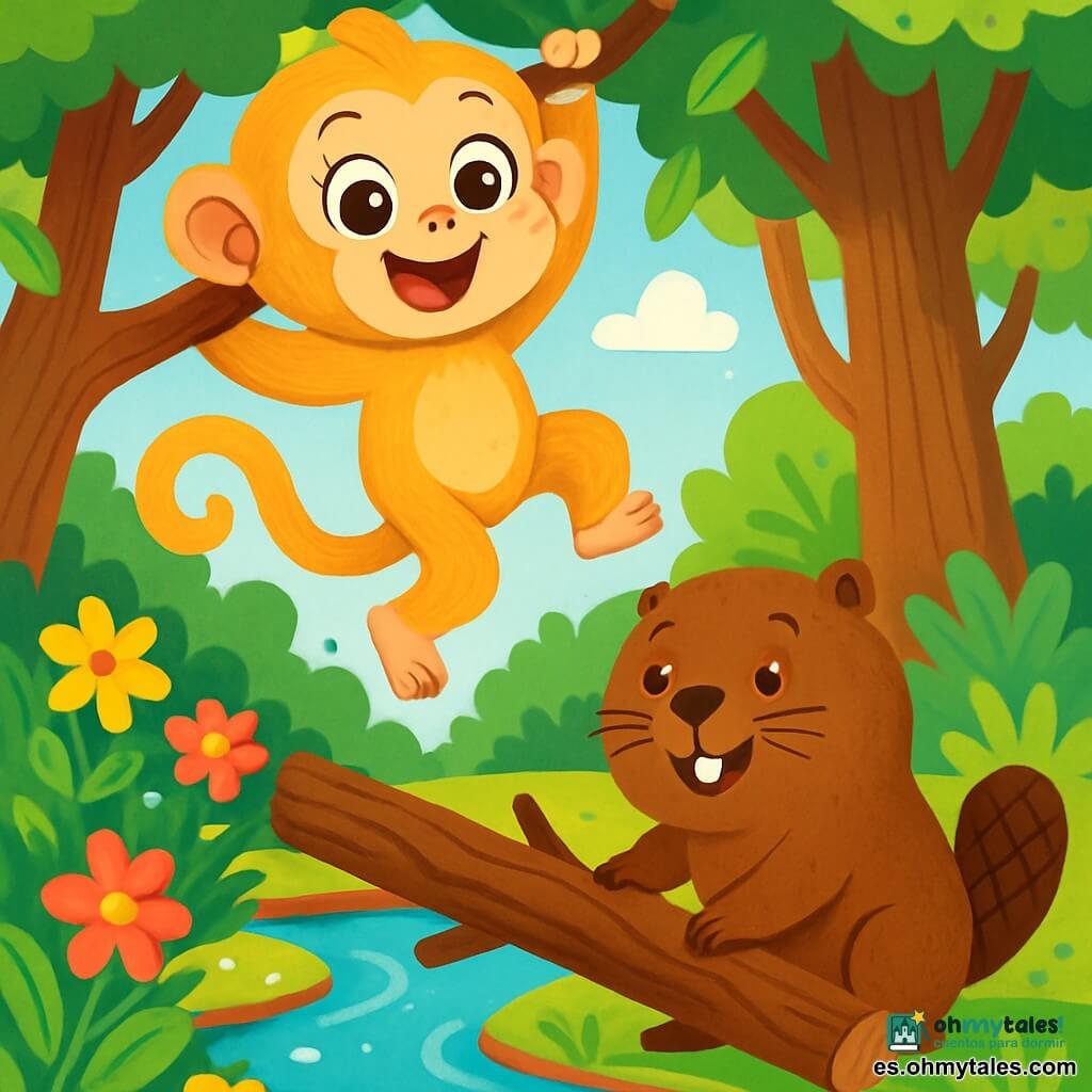 Una pequeña mono llamada Lila, con pelaje dorado y ojos brillantes como estrellas, se balancea alegremente en una rama de árbol. Su rostro expresa gran alegría y curiosidad. A su lado, un nutria de pelaje marrón y ojos redondos, que parece encantado, la ayuda a levantar una gran rama caída cerca de un arroyo brillante. El arroyo está rodeado de flores coloridas y follaje exuberante, creando un ambiente encantador. La escena tiene lugar en el Bosque Susurrante, donde los majestuosos árboles se alzan, sus hojas bailando al ritmo del viento. Lila y la nutria trabajan juntas, empujando la rama con entusiasmo, simbolizando la amistad y la cooperación en un entorno natural vibrante.