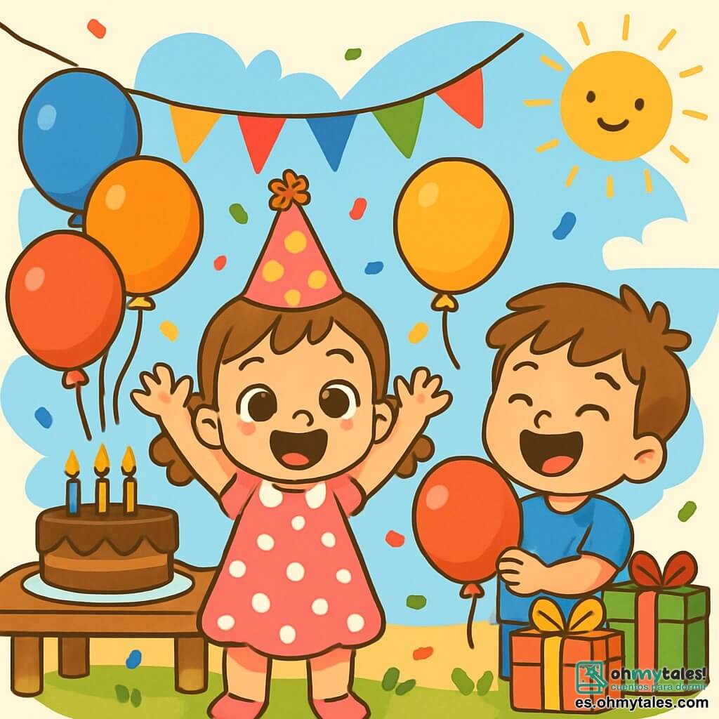 Una niña de 2 años, Ana, con grandes ojos brillantes y una sonrisa radiante, está en el centro de la escena, rodeada de globos coloridos. Lleva un bonito vestido rosa con lunares blancos y un pequeño sombrero de fiesta. Ana está llena de alegría, con los brazos levantados, lista para celebrar su cumpleaños. A su lado, un niño de 3 años, Juan, con el cabello castaño desordenado y una camiseta azul, sostiene un globo rojo y ríe alegremente. Al fondo, hay una mesa decorada con un gran pastel de chocolate, cubierto de velas coloridas, bajo un cielo azul soleado. La escena muestra a Ana y sus amigos cantando "Feliz cumpleaños" con rostros radiantes de felicidad, rodeados de regalos coloridos y confeti que cae suavemente a su alrededor.