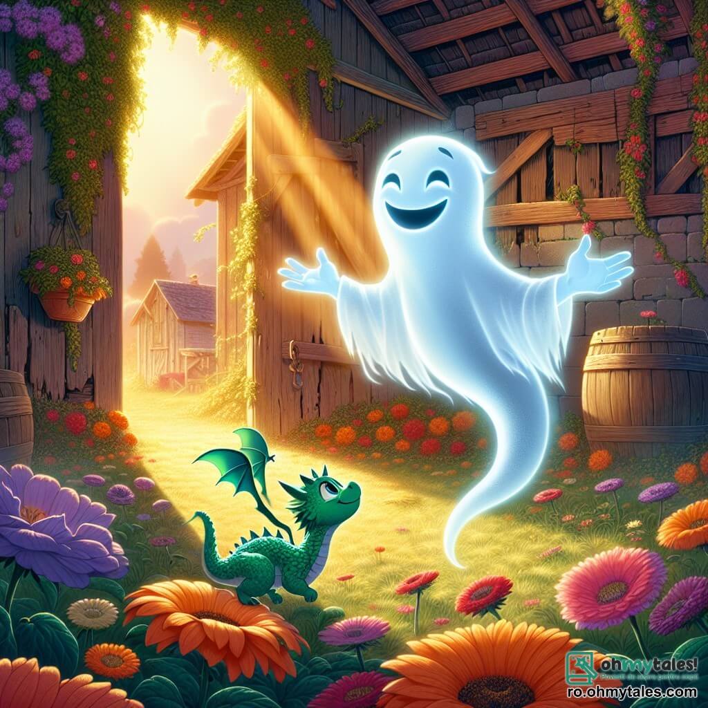 Într-un colț magic al orașului, un fantomă numită Felix plutește ușor deasupra unei grajduri vechi, cu fața zâmbitoare și ochii strălucind de curiozitate. Are un aspect translucid, cu contururi neclare și o ușoară strălucire albastră, explorând cu bucurie împrejurimile, brațele eterice întinzându-se spre florile colorate care îl înconjoară. Lângă el, un dragonet numit Zephyr, cu solzi de smarald și aripi delicate, zboară în cercuri în jurul său, cu ochii strălucind de bucurie și entuziasm. Este mic, puțin mai mare decât o pisică, și se așează pe o floare uriașă, observându-l pe Felix cu admirație. Decorul este o grajd vechi, înconjurată de viță de vie și flori strălucitoare, scăldată în lumina aurie a soarelui apus. Razele de lumină pătrund prin fantele pereților din lemn, creând o atmosferă caldă și magică. Situația principală arată cum Felix și Zephyr descoperă împreună o lume plină de culori și minuni, Felix râzând de fericire în timp ce Zephyr se avântă în aer, amândoi pregătiți să trăiască o nouă aventură fantastică.