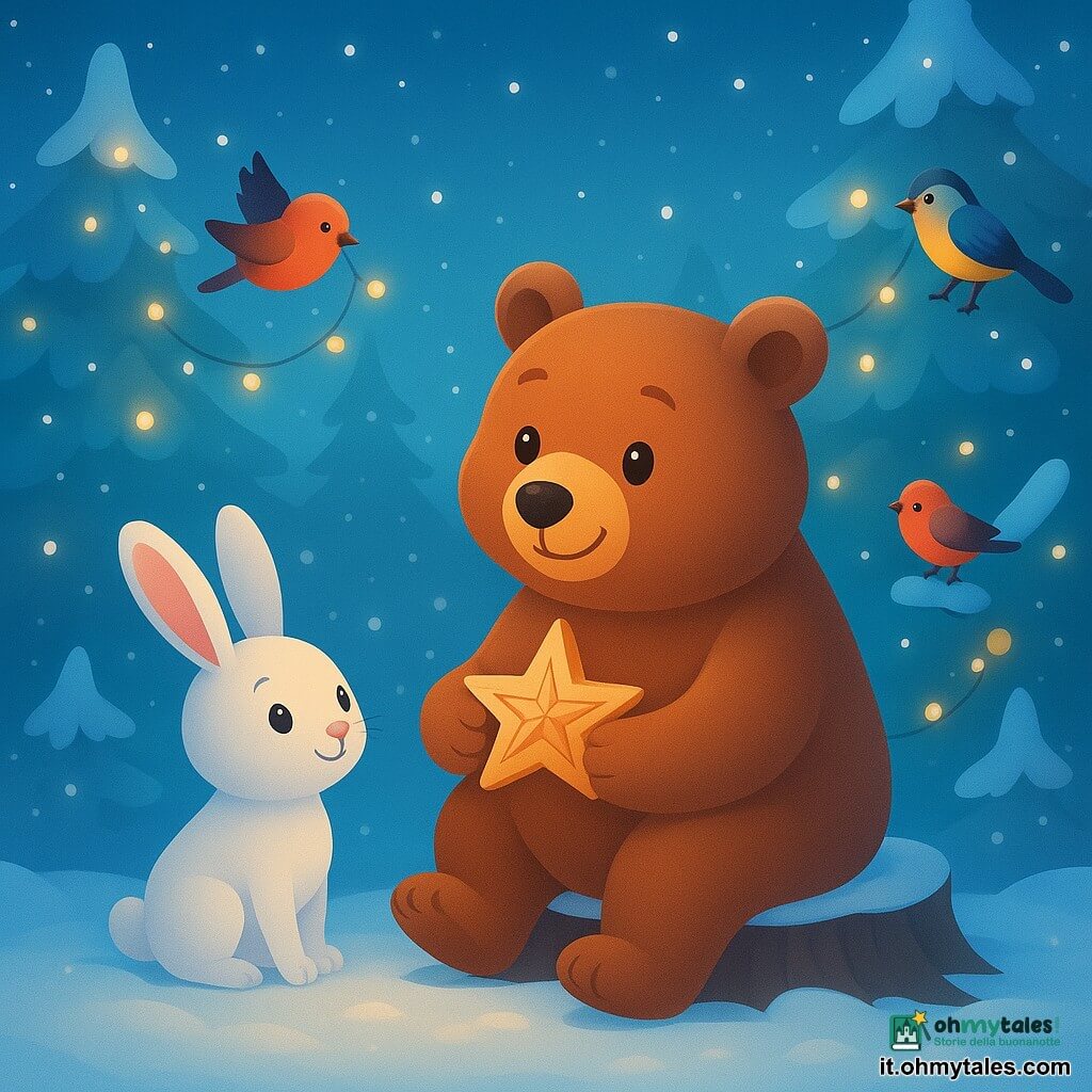Un orso bruno di nome Bruno, con un sorriso caloroso e occhi scintillanti, è seduto su un ceppo d'albero innevato, tenendo una stella di legno finemente scolpita. Accanto a lui, un piccolo coniglio bianco, Fiocco, con le orecchie dritte e uno sguardo meravigliato, osserva la stella con ammirazione. Intorno a loro, uccelli colorati come pettirossi e cince volano gioiosamente appendendo piccole ghirlande ai rami degli abeti. La scena si svolge in una radura innevata, circondata da grandi alberi ricoperti di neve scintillante, illuminati da ghirlande luminose e fiocchi di neve che cadono dolcemente. È la vigilia di Natale e l'aria è piena di magia e calore dell'amicizia condivisa.