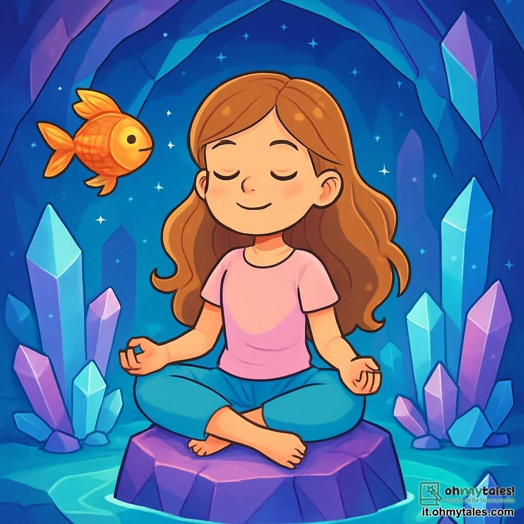 Una ragazza di 12 anni, con lunghi capelli ondulati di un marrone dorato, è seduta su una pietra di ametista, gli occhi chiusi e un sorriso sereno sul volto, respirando profondamente in un ambiente rilassante. Indossa pantaloni yoga leggeri e una maglietta pastello, e la sua espressione è dolce e pacifica, riflettendo una profonda tranquillità. Accanto a lei, un piccolo pesce rosso, fluttuando nell'aria, ha squame brillanti che scintillano come stelle. Nuota graziosamente attorno a lei, come se la incoraggiasse a rilassarsi ulteriormente. La scena si svolge in una grotta magica di cristalli, dove le pareti scintillano di mille colori, creando un'atmosfera incantevole. I cristalli traslucidi pulsano di luce attorno alla ragazza, e un lago di luce morbida si trova appena sotto il ponte di cristallo su cui è seduta. La situazione principale mostra la ragazza mentre medita, inspirando lentamente, mentre i cristalli intorno a lei danzano al ritmo della sua respirazione, creando un'atmosfera di calma e serenità.