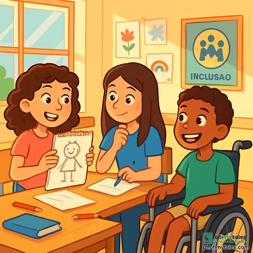 Há 3 personagens: - Lívia: uma menina de 12 anos, com cabelos cacheados castanhos, vestindo uma camiseta rosa e jeans. Ela sorri alegremente, segurando um caderno de esboços. - Mariana: uma menina de 12 anos, com cabelos longos e lisos, vestindo uma blusa azul e calças pretas. Ela observa atentamente Lívia, com um olhar pensativo, segurando uma caneta. - Ana: uma menina de 14 anos, com cabelos curtos e cacheados, sentada em uma cadeira de rodas. Ela usa uma camiseta verde e shorts, e tem um grande sorriso, mostrando sua alegria em compartilhar sua história. O cenário é uma sala de aula iluminada, com paredes decoradas com desenhos coloridos e cartazes sobre inclusão. Janelas deixam entrar a luz do sol, iluminando as mesas de madeira onde estão livros e lápis. A situação principal mostra as três meninas conversando em torno de uma mesa, com folhas de papel e lápis espalhados. Lívia desenha ideias em seu caderno, enquanto Mariana faz anotações. Ana, entusiasmada, compartilha suas experiências, e seus olhos brilham de empolgação. A atmosfera é calorosa e colaborativa, ilustrando a amizade e a inclusão.