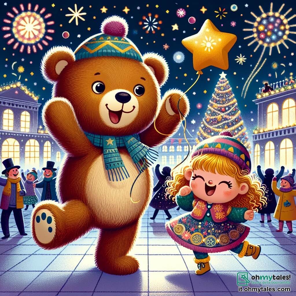 Un orso di peluche sorridente, con un pelo morbido e marrone, occhi rotondi e brillanti, danza gioiosamente in una piazza animata, con le braccia sollevate verso il cielo in segno di festa. Accanto a lui, una bambina dai capelli ricci e dorati, con un vestito colorato e un cappello festivo, ride divertita, tenendo un palloncino a forma di stella. La scena si svolge in una grande piazza illuminata da luci scintillanti e decorata con ghirlande colorate, con un enorme albero di Natale sullo sfondo, pieno di palline brillanti. Fuochi d'artificio esplodono nel cielo notturno, creando un'esplosione di colori vivaci. L'orso e la bambina festeggiano insieme il Capodanno, circondati da risate e gioia, mentre le persone ballano e si divertono attorno a loro, creando un'atmosfera festosa e magica.