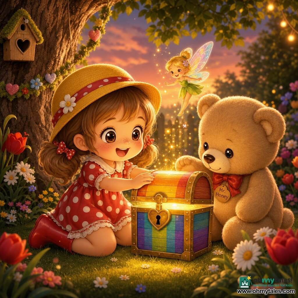 A joyful 4-year-old girl with a round face, big bright eyes, light freckles and light brown pigtails kneels in a colorful dusk garden, wearing red boots, a yellow hat and a polka-dot dress, smiling as she opens a small shiny locked rainbow chest with delicate hands; a soft beige teddy bear named Mr. Honey sits to her right watching the chest supportively, while a tiny garden fairy with iridescent wings, a green dress and golden hair hovers above, sprinkling sparkles; an ancient tree stands left, tulips, daisies and moss surround the flowerbed, golden rays filter through leaves, warm magical light, vivid colors, centered composition in chibi kawaii style with round features, soft shading and plush/wool textures.