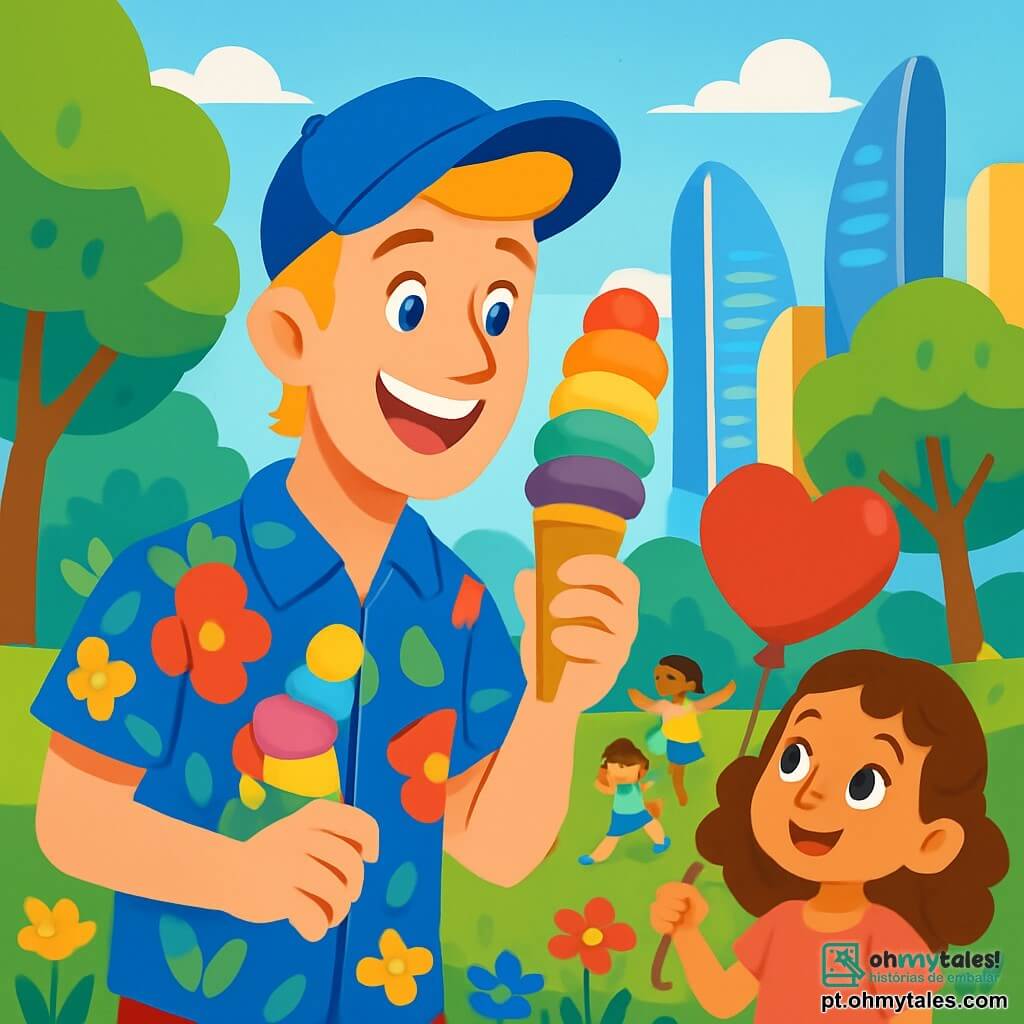 Lumen, um homem de sorriso radiante e cabelos dourados, usa uma camisa florida e um boné azul. Ele parece curioso e alegre, segurando um cone de sorvete colorido em sua mão. Ao lado dele, uma menina de 7 anos, com cabelos castanhos e cacheados, veste um vestido rosa e olha para Lumen com admiração, seus olhos brilhando de alegria. Ela segura um balão vermelho em forma de coração. O cenário é um parque vibrante de Brilhópolis, com árvores de folhas verdes brilhantes, flores coloridas e crianças brincando na grama. Ao fundo, vê-se edifícios futuristas com fachadas brilhantes sob um céu azul claro. A cena mostra Lumen, maravilhado com a beleza do parque, enquanto crianças riem e brincam ao seu redor, criando uma atmosfera de felicidade e camaradagem.