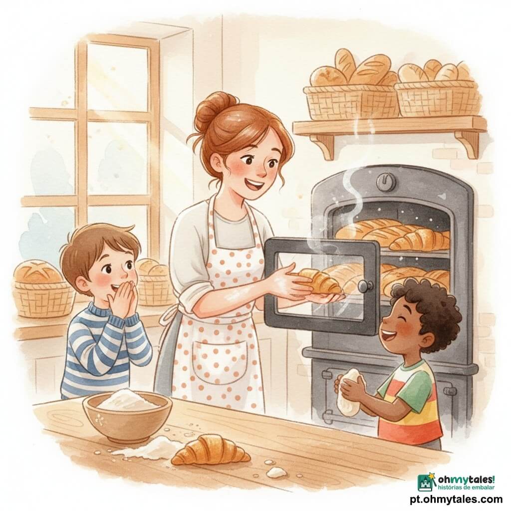 Uma mulher padeira sorridente e calorosa, cabelos castanhos presos em coque, avental de poás e mãos enfarinhadas, abrindo a porta de um forno de ferro para mostrar baguetes e croissants dourados; expressão alegre; à esquerda, um menino de ~8 anos (Pedro), cabelos curtos castanhos, suéter listrado, olhando maravilhado com as mãos junto à boca; à direita, um menino de ~6 anos (João), cabelos pretos encaracolados, camiseta colorida, segurando um pedaço de massa e rindo, inclinado para a padeira; interior de padaria claro e acolhedor, paredes creme, prateleiras de madeira com pães, cestos de vime, grande bancada de madeira com tigela de farinha tombada e marcas de massa, raios de luz suaves pela janela; cena principal: momento caloroso em que a padeira mostra os pães acabados aos dois meninos maravilhados, vapor leve subindo dos pães, textura crocante e dourada visível, atmosfera acolhedora com paleta quente e toques aquarelados.