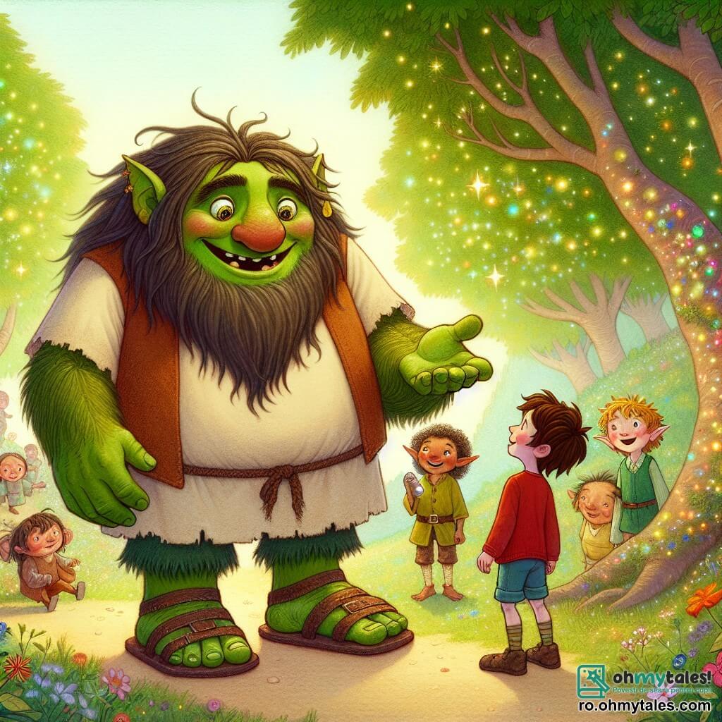 Un ogre prietenos, pe nume Ogri, stă în centrul imaginii, având pielea verde și ochii strălucind de bucurie. Zâmbește larg, cu dinți albi și păr zburlit, purtând o tunică simplă din pânză și sandale din piele. Ogri întinde mâna spre un grup de copii, invitându-i să se apropie cu o expresie caldă și primitoare. La dreapta lui, un băiat de 10 ani, Alex, are părul brunet și ochi curioși. Poartă un tricou roșu și o pereche de pantaloni scurți albaștri, admirându-l pe Ogri, ținând în mână o piatră strălucitoare. La stânga lui, un elf mic, Elfișor, are aproximativ 20 de centimetri, cu urechi ascuțite și o ținută colorată, zburând vesel în jurul lui Ogri, adăugând o notă de magie scenei. Fundalul se desfășoară într-un parc feeric, plin de flori colorate care par să cânte în bătaia vântului, cu copaci majestuoși și frunze strălucitoare. Cerul albastru deschis este presărat cu nori pufoși. Situația principală îl arată pe Ogri, Alex și Elfișor celebrând descoperirea unui artefact magic, înconjurați de o atmosferă veselă și luminoasă, pregătindu-se să ajute locuitorii satului cu magia pietrei.