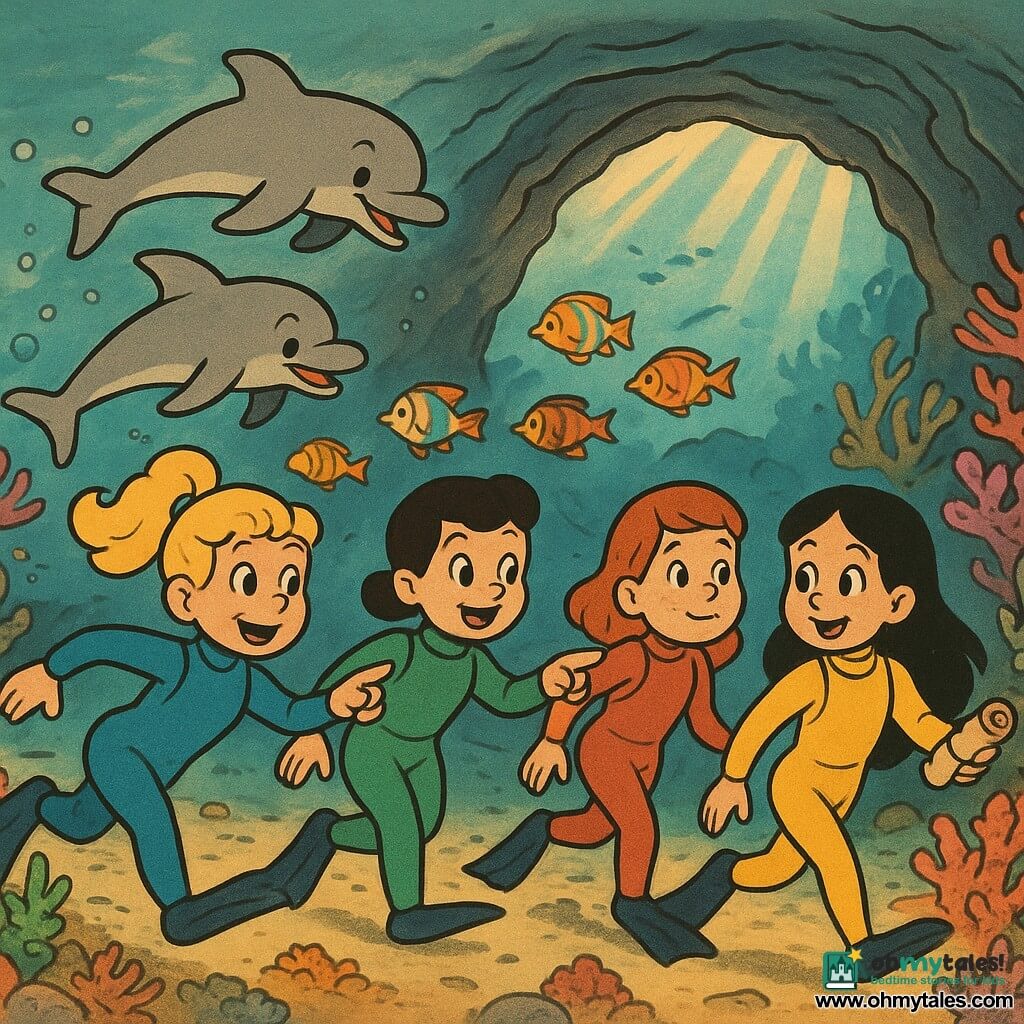 There are 4 children: Lily, a 10-year-old girl with curly blonde hair in a ponytail, wearing a blue wetsuit, swims ahead with a determined smile. Mia, a 10-year-old girl with short brown hair, wearing a green wetsuit, swims beside Lily, pointing at a school of colorful fish. Zoe, a 10-year-old girl with red hair and freckles, wearing a red wetsuit, swims slightly behind, marveling at the corals. Ava, a 10-year-old girl with long black hair, wearing a yellow wetsuit, swims next to Zoe, holding a rolled-up map in one hand. The setting is an enchanting underwater landscape with multicolored corals forming arches and tropical fish swimming in schools around the children. Sunlight rays pierce the water, creating luminous patterns on the sandy bottom. The main scene shows the children exploring a mysterious underwater cave, the entrance guarded by two playful dolphins swimming joyfully around them. The children move bravely towards the cave's interior, their eyes filled with curiosity and excitement.