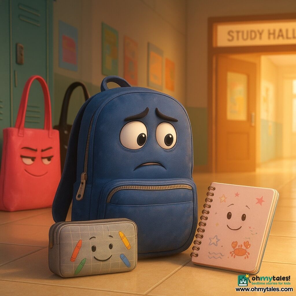 The main character is a slightly worn navy fabric backpack with an anxious but determined expression, a partially open silver zipper, standing in a school hallway with a slight forward lean as if breathing deeply. Attached to its front pocket is Pencil Case, a rectangular gray pencil case patterned with small pencils, smiling reassuringly and leaning against the backpack. Beside the backpack is Maris, a spiral-bound notebook with a pastel cover doodled with stars and a small crab, open to a written page, looking confident and encouraging. In the background left are three shiny tote bags (the Corner Crew)—a glossy pink tote, a patent black tote, and a cream tote—holding haughty poses and scornful smiles, straps swinging and angled toward the backpack. The setting is a bright school corridor with glossy cream tiles, pale green lockers, colorful posters, and a Study Hall door open to warm light. The scene captures the tense moment just before the backpack says "Stop," with empathetic allies surrounding it, soft highlights on the backpack and deeper shadows around the Corner Crew to emphasize the emotion.