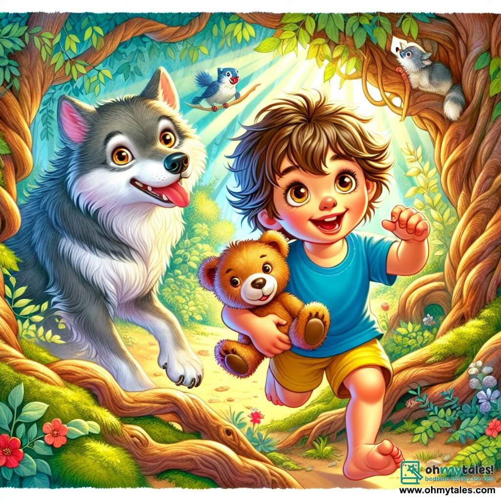 A 4-year-old boy with messy brown hair and bright, curious eyes stands at the center of the scene. He is wearing a blue t-shirt and yellow shorts, holding a friendly-looking teddy bear named Teddy. The boy has a joyful and determined expression, ready to make a new friend. Next to him is a large, soft gray wolf with bright eyes and a warm smile, sitting on its hind legs and looking at the boy kindly. The scene takes place in an enchanted forest with tall, gnarled trees reaching up to the sky, their green leaves dancing in the wind. Sunlight filters through the branches, creating bright patterns on the mossy ground covered with colorful flowers. The boy and the wolf are playing together, laughing and running around the trees while birds sing happily in the branches. The main situation shows the budding friendship between the boy and the wolf, illustrating the magic of understanding and bravery.