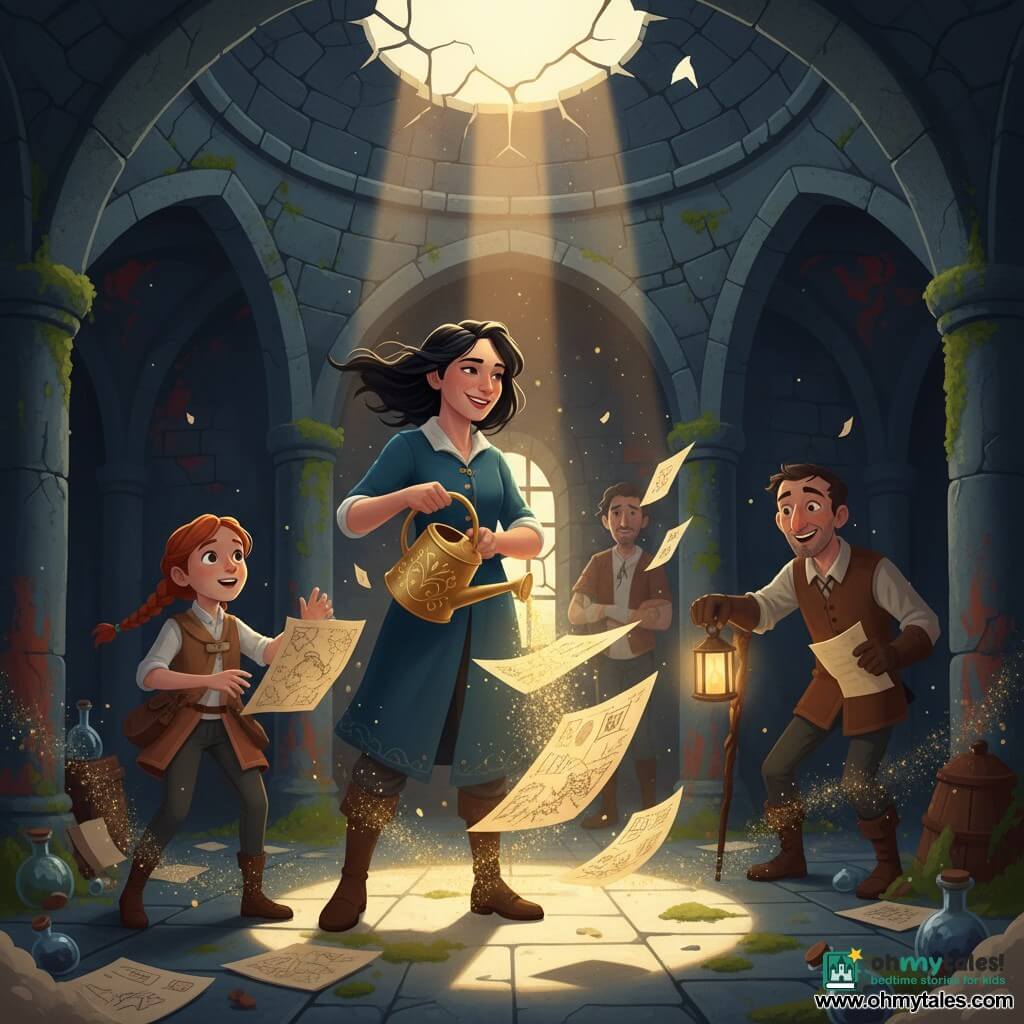 The scene shows Captain Mira, about 28, determined and smiling with wind-blown black hair, pouring rune-engraved golden watering can over floating ancient maps that glow with sparkling dust; beside her, 12-year-old Nellie with braided red hair and a canvas vest, eyes wide, grabs a glowing map; in the background to the right, Finn, a taciturn ~50-year-old with a lined face and sparse beard leaning on a cane, laughs softly holding a lantern; Lark, a gloved man in his thirties with an eager look, stands semi-shadowed by a broken window holding crumpled parchments; the setting is a stone fortress interior with cracked vaults, faded marine mosaics, green moss stains and a pierced dome letting a shaft of sunlight fall on the wet stone floor amid salted papers, glass vials and map fragments with golden dust revealing letters and drawings—an atmosphere of wonder and reconciliation; palette: deep sea blues, mossy greens, warm golds and rust red; dramatic lighting and a clean, smooth graphic style with soft gradients, light stone and metal textures, expressive silhouettes and saturated, child-friendly colors.
