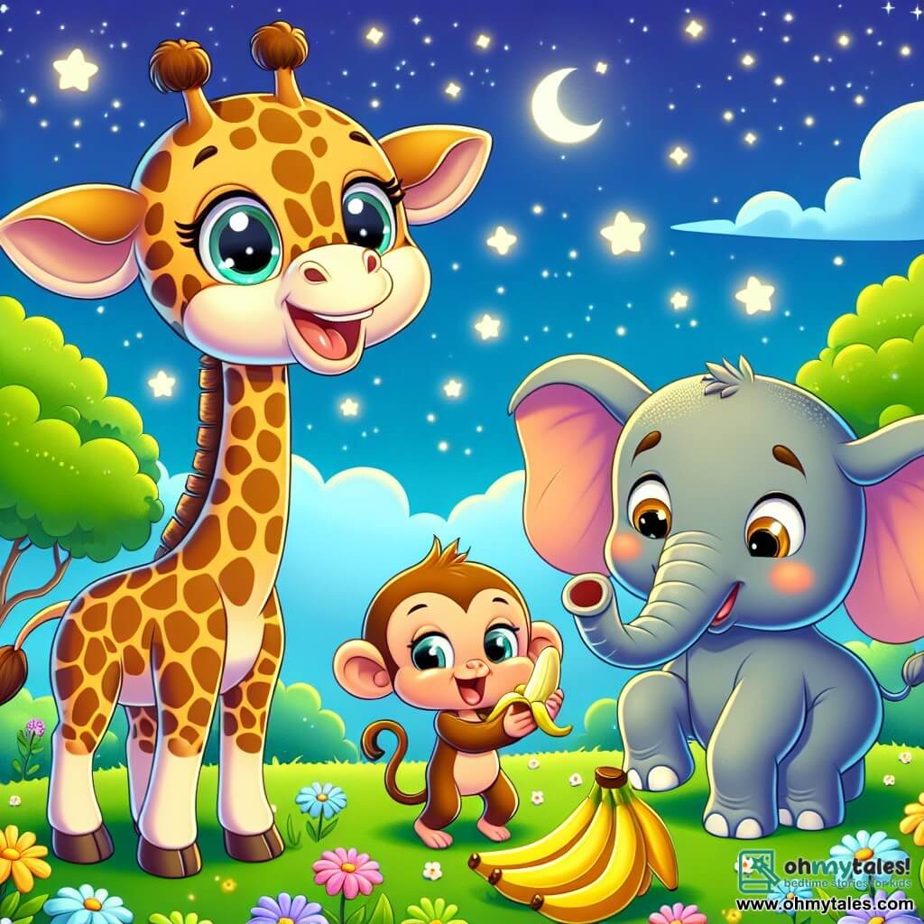 A giraffe named Gigi, with a spotted long neck and sparkling curious eyes, joyfully stands in a green field under a starry sky. She smiles widely, her large ears perked up, as she looks at a pile of shiny bananas in front of her. Next to her, a mischievous little monkey named Benny, with brown fur and playful eyes, jumps for joy holding a banana in his small hands. Nearby, a wise elephant named Lily, with big ears and soft grey skin, leans down to pick up a banana with her trunk, displaying a friendly smile. The field is dotted with colorful flowers and bathed in the soft light of the moon, creating a magical and joyful atmosphere. Gigi, Benny, and Lily share a moment of happiness discovering their treasure of bananas under the twinkling stars.