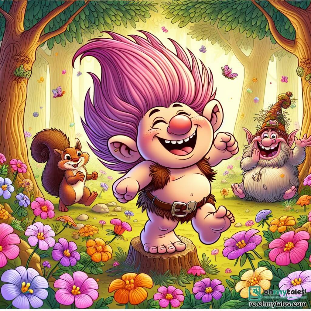 Un troll vesel numit Trifi, mic și plinuț, cu o coamă de păr roz ciufulit, dansează într-un câmp de flori colorate, zâmbind larg și arătându-și dinții albi. Alături de el, o veveriță jucăușă, cu blana maronie, sare plină de energie, iar un căpcăun amuzant, cu o burtă mare, râde pe un ciot de copac. În fundal, pădurea fermecată are copaci înalți cu frunze colorate și un râu care curge lin, cântând melodii vesele. Trifi, veverița și Gogonel se bucură de o paradă a florilor, creând o atmosferă plină de veselie și magie.