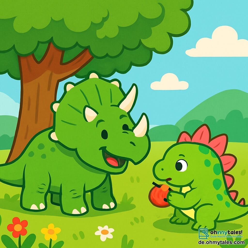 Ein fröhlicher Triceratops mit leuchtend grüner Haut und drei großen weißen Hörnern steht unter einem majestätischen Baum und lächelt mit funkelnden Augen vor Freude. Neben ihm frisst ein kleiner Stegosaurus mit rosa und grünen Platten, der neugierig aussieht, eine saftige Frucht. Die Szenerie zeigt eine weite grüne Wiese, übersät mit bunten Blumen, sanften Hügeln im Hintergrund und einem hellblauen Himmel. Die Szene zeigt Trixi und Stegi, die unter dem Schatten des großen Baumes Früchte teilen, lachen und gemeinsam in einem Moment der Freude und Freundschaft Spaß haben.
