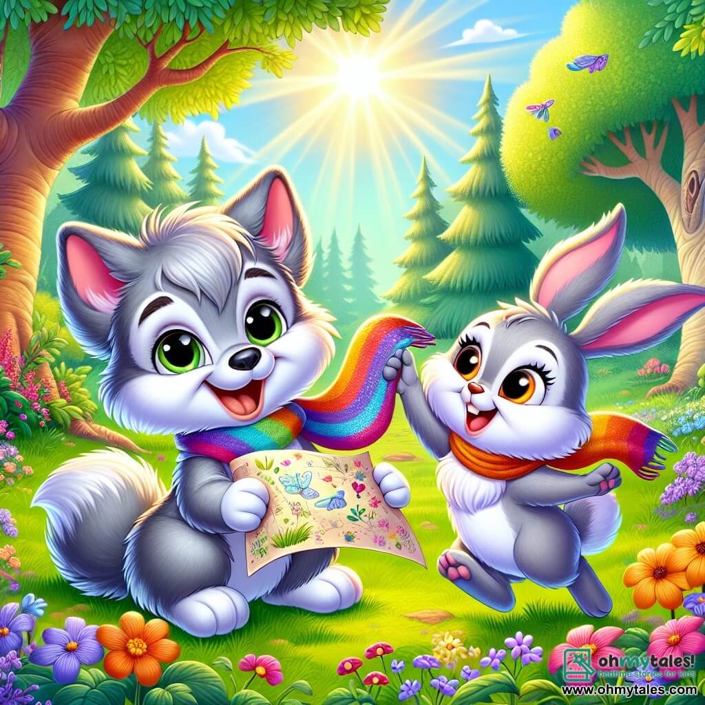 In an enchanted forest, a little wolf named Wally, with soft gray fur, bright eyes, and a big smile, holds a colorful map in his small paws, overflowing with excitement and love for his mom. Next to him, his friend Benny, an adorable rabbit with large white ears and sparkling eyes, joyfully hops while holding an old, soft, colorful scarf, looking delighted. The setting is a sunny clearing surrounded by majestic trees with vibrant green leaves, and colorful wildflowers dancing in the gentle breeze. The scene shows Wally and Benny preparing a surprise for Mother's Day, with radiant smiles, surrounded by treasures they've found, ready to create a magical moment for Wally's mom.