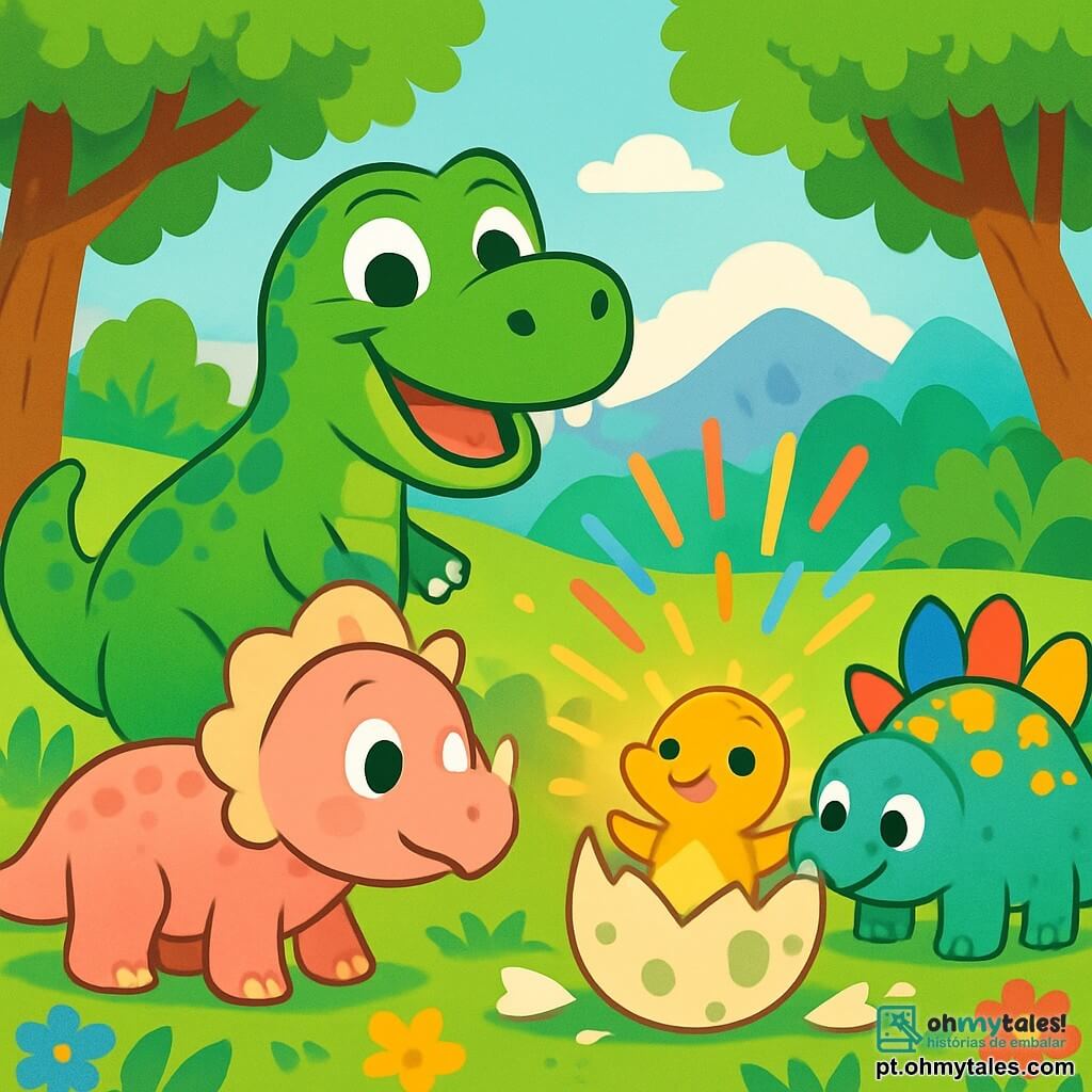 Um Tyrannossauro Rex feliz, com escamas verdes brilhantes e grandes olhos cintilantes, está no centro da imagem, sorrindo amplamente. Ao seu lado, um pequeno tricerátopo em cores pastel, com chifres suaves e um olhar curioso, observa um ovo que acabou de eclodir. Um estegossauro, com suas placas coloridas nas costas, está um pouco atrás, olhando com admiração para o bebê dinossauro. O cenário é um magnífico vale pré-histórico, cheio de árvores frondosas, flores vibrantes e uma luz dourada que filtra pelas folhas. Ao fundo, montanhas suaves se delineiam sob um céu azul claro. A cena mostra o momento mágico em que o bebê dinossauro sai do ovo, com brilhos de luz e cores vivas, enquanto os três amigos dinossauros se reúnem ao seu redor, cheios de alegria e excitação.