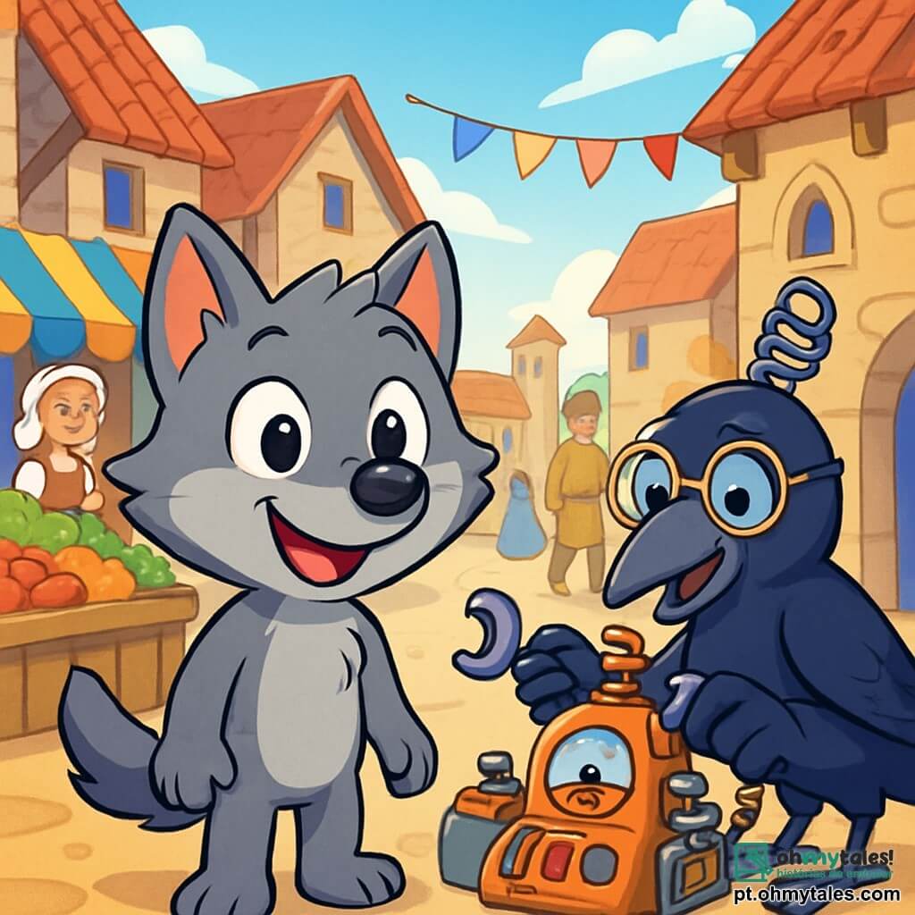 Um pequeno lobo com olhos brilhantes, pelagem cinza e orelhas pontudas está no centro da imagem, exibindo uma expressão de maravilha e curiosidade. Ele observa ao redor com um sorriso largo, descobrindo um mundo antigo. À sua direita, o professor Tico, um corvo inteligente com óculos redondos e plumagem negra brilhante, manipula ferramentas estranhas, com um ar concentrado e entusiasmado. O cenário é uma rua medieval animada, com casas de pedra e telhados de telhas vermelhas, bancas coloridas de frutas e legumes e transeuntes em trajes de época, adicionando um toque de magia ao ambiente. Ao fundo, um céu azul claro ilumina a cena, enquanto bandeiras flutuam suavemente ao vento. A situação principal mostra Lupi, o pequeno lobo, maravilhado com sua descoberta no passado, enquanto o professor Tico ajusta sua máquina do tempo, pronta para levá-los de volta para casa.