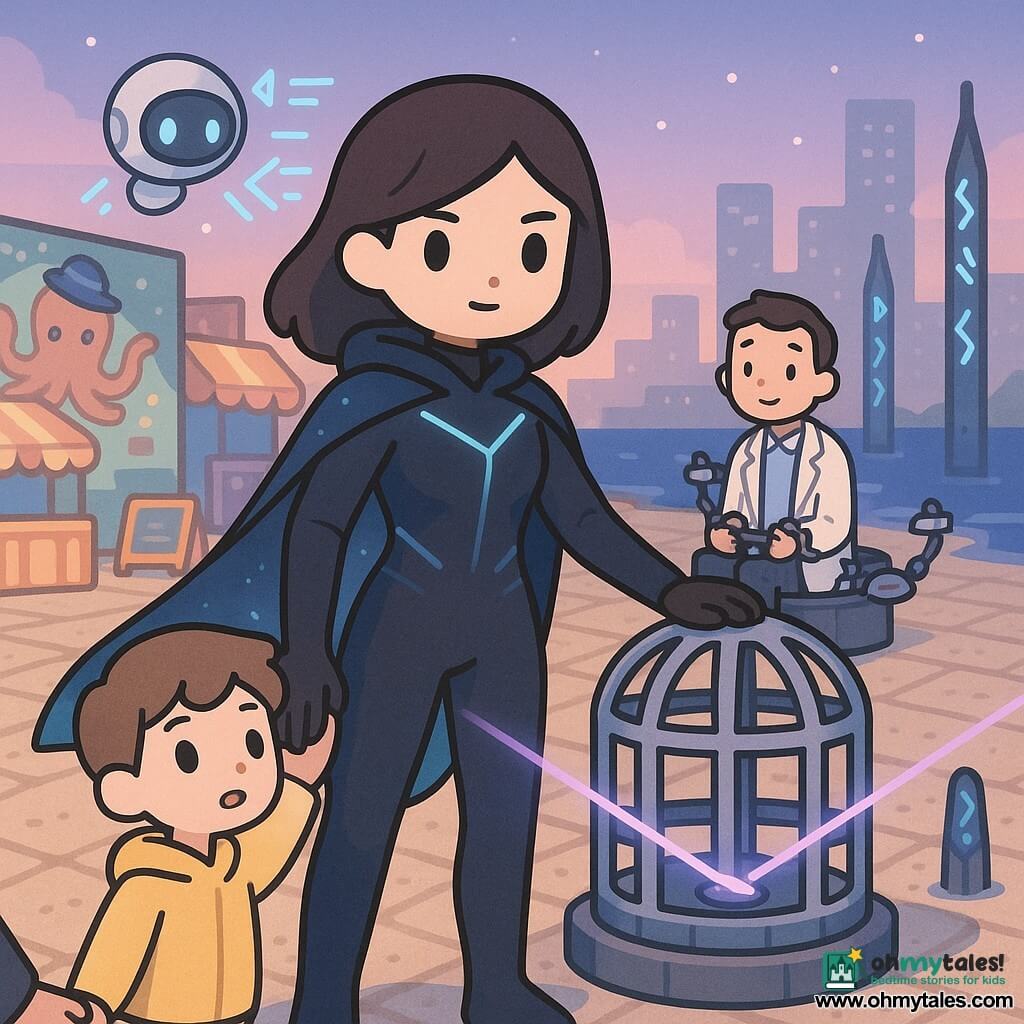 Astra, a determined yet gentle heroine with a focused, kind expression, in a matte black suit with comet-blue luminous lines and a translucent cape like a sliver of night sky, rests a hand on a large metallic cage-like device as she guides a thin curved violet beam toward coastal pylons; a small round companion drone (Pix), the size of a hazelnut with blue LED eyes, hovers by her hand projecting holographic arrows and data. Nearby on the coastal town square at dusk—light cobbles, colorful kiosks, banners, a mural of a top-hatted octopus, and dark sea with tall metal coastal pylons etched with blue runes—stands a wide-eyed ~10-year-old boy in a yellow hoodie holding an adult’s hand, watching reassured, while Dr. Vant, an elegantly dressed man in a white coat with a tight, surprised smile, is handcuffed by small security drones and seated on a platform behind the device; Astra calmly reverses the beam toward the pylons as an orderly crowd keeps back, dramatic lighting, soft palette, sharp contrasts, heroic and reassuring atmosphere.