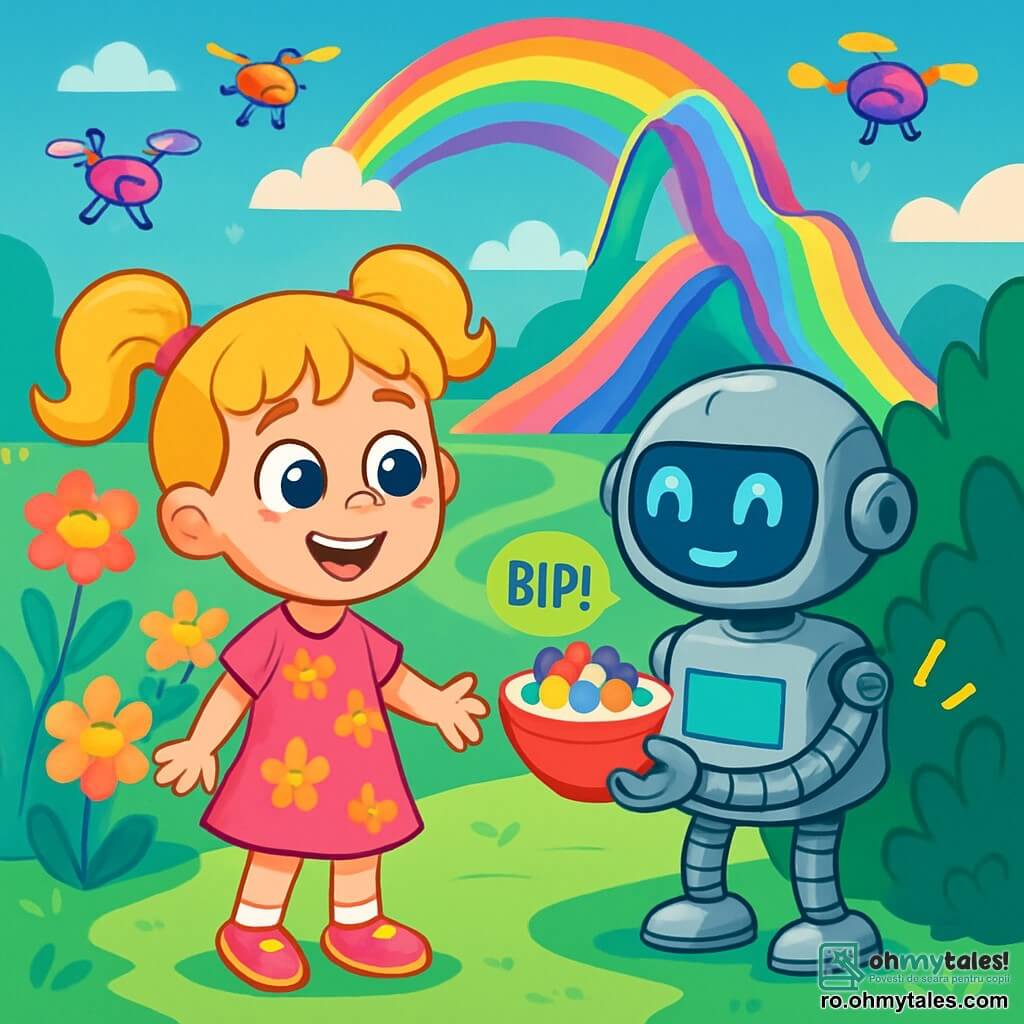 O fetiță de 6 ani, Lili, cu ochi mari și strălucitori și codițe blonde, zâmbește cu uimire în timp ce se uită în jur. Ea poartă o rochie roz aprins, decorată cu motive florale, și pantofi strălucitori. Lângă ea, un robot de mic dejun, cu un corp argintiu și brațe articulate, îi servește un bol de terci colorat cu fructe, vorbind cu o voce prietenoasă. Decorul este un parc futurist, plin de flori luminoase care dansează în vânt și tobogane holografice care își schimbă forma. Droni colorați zboară pe cerul albastru, pictând curcubee deasupra copiilor care se joacă. Lili, fascinată de minunile parcului, se pregătește să exploreze un colț misterios unde se aude un zgomot ciudat, cu ochii strălucind de curiozitate și excitație.