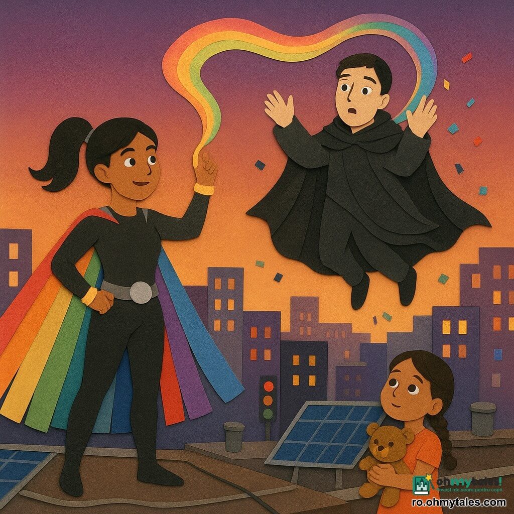 O eroină, Căpitana Prismara, apare senină și hotărâtă, zâmbet blând, ochi strălucitori, purtând o mantie lungă multicoloră din benzi de hârtie ca raze colorate, păr negru prins coadă, ținută sport ajustată cu un disc argintiu la brâu; întinde o funie luminoasă de hârtie către cer și are o brățară luminoasă la încheietură. Un bărbat adult, Nocturnix (~30 ani), cu fața palidă și obosită, ochi surprinși, poartă o mantie întunecată din straturi de hârtie neagră și gri; e învăluit ușor de funie și plutește deasupra unui reactor cu brațele ridicate. Jos, pe o pasarelă, o fetiță, Mira (~7 ani), ține un ursuleț de pluș și privește cu admirație. Scena are loc pe acoperișul unui mare reactor solar stilizat din hârtie — panouri albastre-argintii, cabluri din sfoară, coșuri joase din carton — cu orașul Luminis în fundal. Momente de capturare nonviolentă: mantia neagră se relaxează sub o funie curcubeu, bucăți de hârtie neagră se transformă în confetti luminoase care se întorc la panouri; atmosferă de sfârșit de conflict, cer crepuscular piersică și violet.