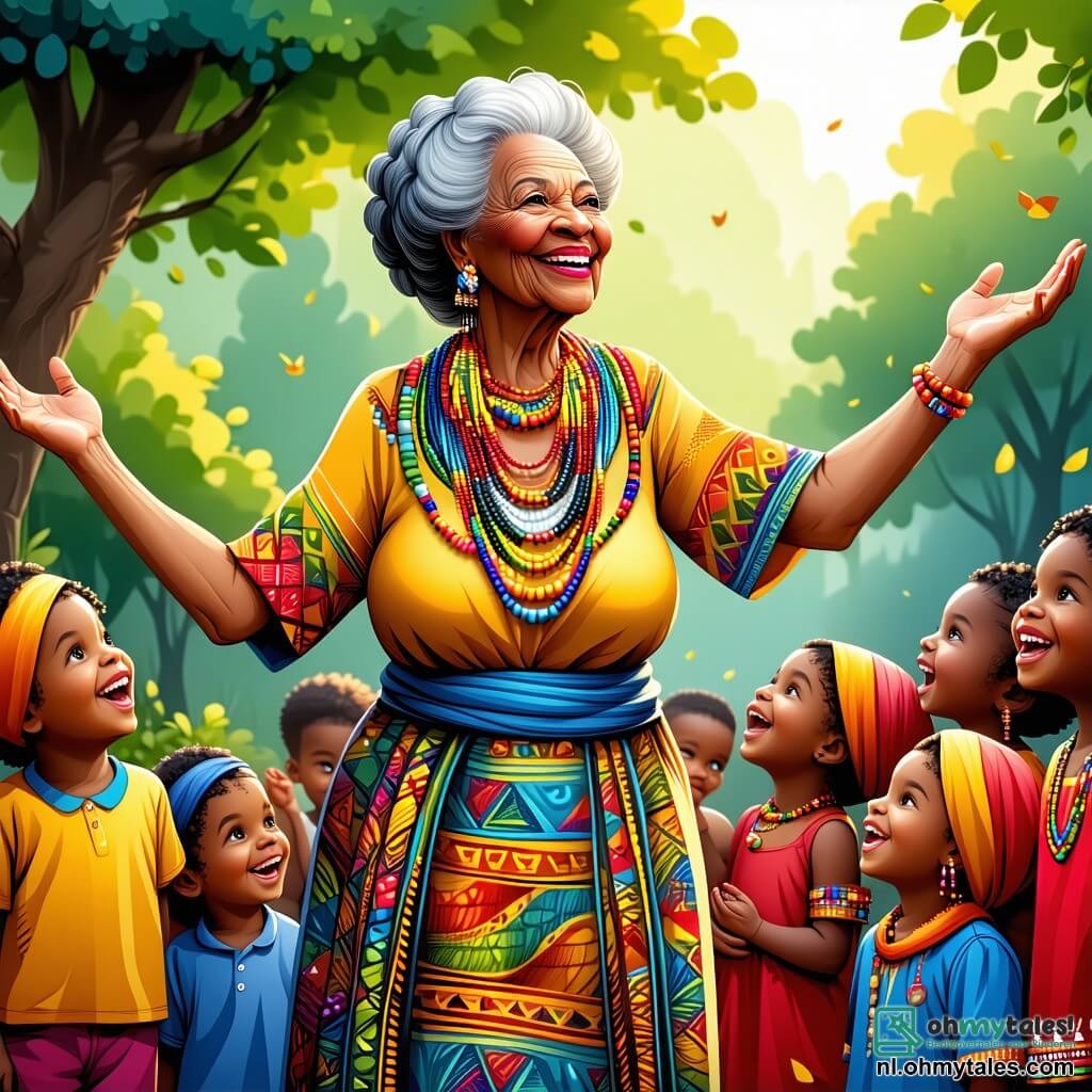 In het midden van de afbeelding staat Mama Tanda, een vrouw van ongeveer 70 jaar, met een grote warme glimlach. Ze heeft een donkere huid en grijs haar, versierd met kleurrijke kralen. Ze draagt een traditionele jurk met levendige patronen, en haar ogen stralen wijsheid en vriendelijkheid uit. Ze heft haar armen op, alsof ze de kinderen aanmoedigt om te zingen. Naast haar kijkt een jongen van ongeveer 10 jaar, met krullend haar en een gestreept shirt, vol bewondering. Hij houdt een kleine houten fluit vast en lijkt klaar om een vrolijke melodie te spelen. Iets verderop danst een 8-jarig meisje met vlechten en een kleurrijke jurk op de maat, met haar armen naar de lucht, vol vreugde en energie. De achtergrond is de majestueuze Berg van de Wijsheid, omringd door zachte wolken en groene bergen. De lucht is helderblauw en een gouden licht verlicht de scène, waardoor een magische sfeer ontstaat. De belangrijkste situatie toont Mama Tanda en de kinderen die samen zingen om een grote donkere wolk te verdrijven die hun dorp bedreigt. De afbeelding straalt vreugde, eenheid en collectieve kracht uit, en illustreert de kracht van diversiteit en vriendschap.
