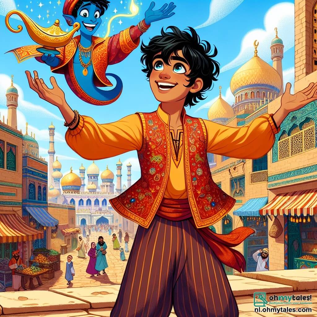 Aladdin, een jonge man van ongeveer 18 jaar, heeft zwart, krullend haar, sprankelende ogen vol nieuwsgierigheid en een warme glimlach. Hij draagt een brede, kleurrijke broek en een vest versierd met gouden patronen, en staat op een dak met zijn armen wijd open, met een verwonderde uitdrukking op zijn gezicht, terwijl hij zijn levendige stad bewondert. Naast hem zweeft Jinni, een vrolijke en kleurrijke geest. Hij heeft felblauwe huid, stralende ogen en vurig haar, en glimlacht breed terwijl hij een magische lamp in zijn hand houdt. De achtergrond toont een levendige oosterse stad, met drukke markten, fruit- en specerijenkramen, en gebouwen met gouden koepels en kleurrijke muren, onder een heldere blauwe lucht met donzige witte wolken. De hoofdscène toont Aladdin, verwonderd door de magie van zijn getransformeerde stad, terwijl Jinni naast hem klaar is om wensen te vervullen, wat het avontuur en de magie symboliseert die hen te wachten staan.