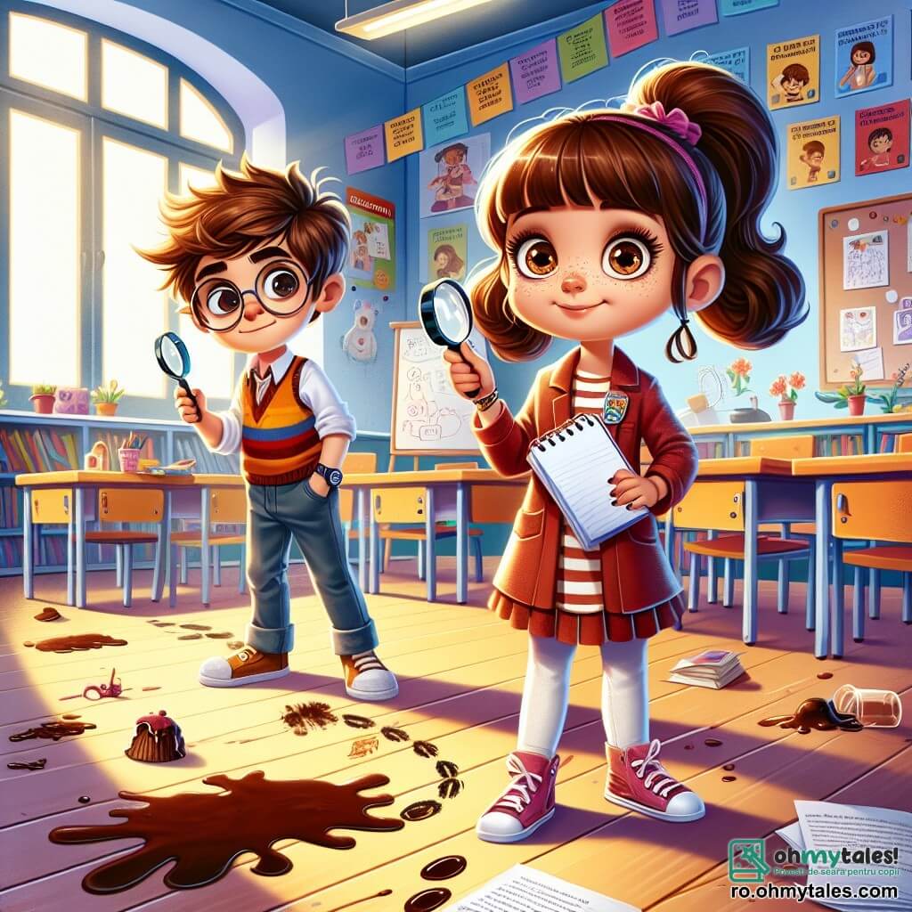 O fetiță de 8 ani, Luna, cu ochi mari și strălucitori și părul brun prins în coadă de cal, stă în centrul imaginii, având un aer hotărât și curios, ținând o lupă într-o mână și un carnet de notițe în cealaltă. Lângă ea, prietenul ei Andrei, un băiat de 8 ani cu părul castaniu în dezordine și ochelari rotunzi, se uită atent la o amprentă de ciocolată de pe podea, având un aer intrigat. În fundal, sala de clasă este decorată cu desene colorate și postere educaționale, cu birouri din lemn și o fereastră mare care lasă să pătrundă lumina zilei. Situația principală arată cum Luna și Andrei investighează misterul brioșelor dispărute, înconjurați de indicii misterioase, precum urme de ciocolată pe podea și hârtii împrăștiate, creând o atmosferă de aventură și curiozitate.