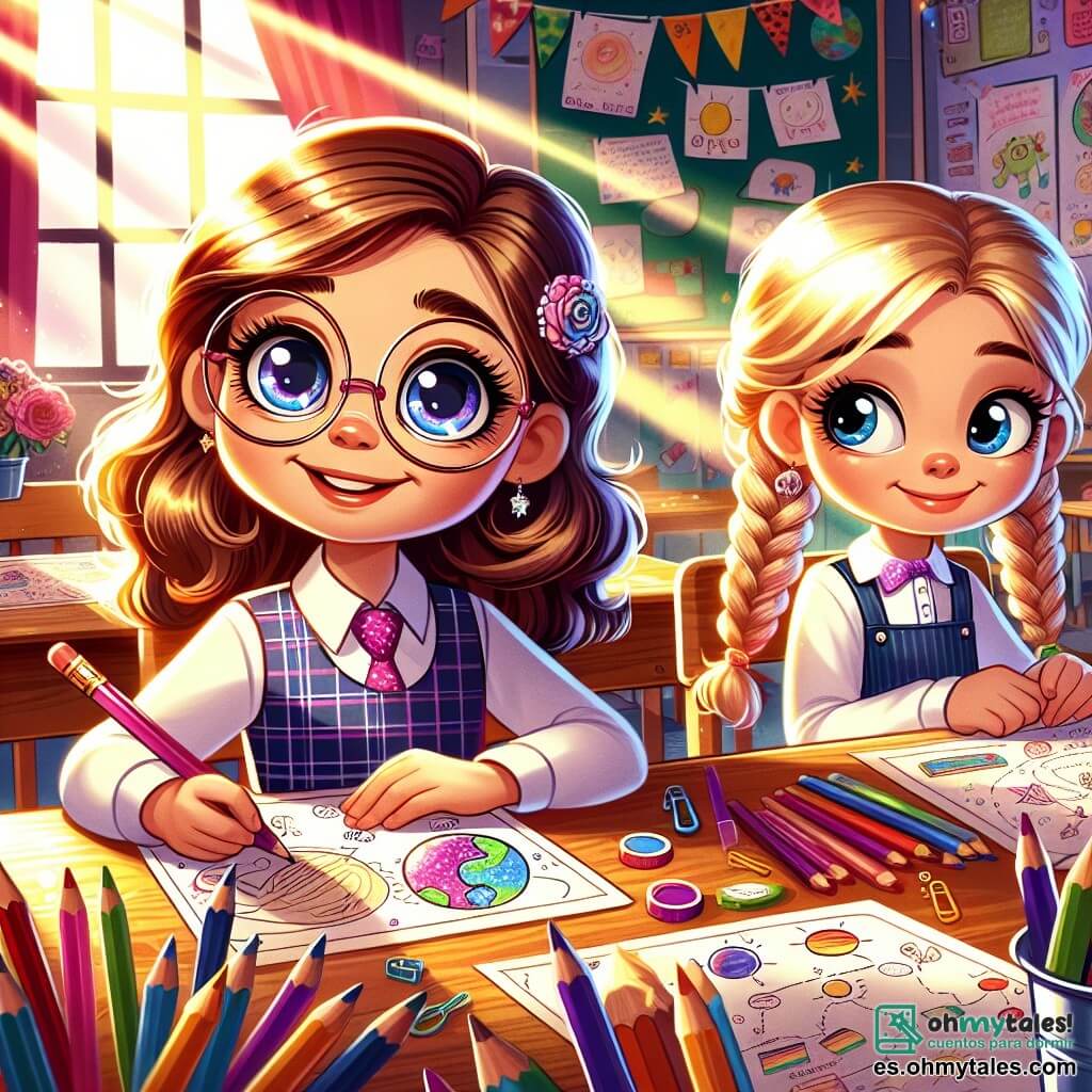 Una niña de 10 años, llamada Sofía, con cabello largo y castaño y gafas redondas, sonríe con entusiasmo, sus ojos brillan de determinación. Está sentada en una mesa de clase de madera, rodeada de hojas de colores y lápices, dibujando un plan para su proyecto escolar. A su lado, su mejor amiga Lucía, también de 10 años, tiene cabello rubio y trenzas. Mira a Sofía con una expresión de duda, sus cejas ligeramente fruncidas, pero una leve sonrisa comienza a aparecer en su rostro. La escena transcurre en un aula luminosa, con paredes decoradas con dibujos de niños y carteles educativos. Rayos de sol entran por las ventanas, iluminando los rostros de las dos chicas. Sofía anima a Lucía a ganar confianza en sí misma, mientras discuten su proyecto sobre los planetas, rodeadas de útiles escolares coloridos.