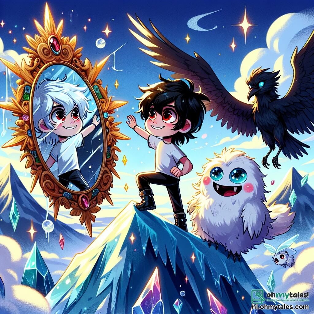 Valerio, een jonge vampier met rommelig zwart haar en sprankelende rode ogen vol nieuwsgierigheid, staat op de top van de majestueuze berg Glacius. Zijn gezicht straalt blije vastberadenheid uit terwijl hij naar een oude glinsterende spiegel kijkt, omringd door fonkelende ijscristallen. Naast hem kijkt Glima, een kleine sneeuwcreatuur met een stralend witte vacht en heldere blauwe ogen, met een ondeugende uitdrukking toe, klaar om hem aan te moedigen. Op de achtergrond zweeft Corvus, een grote raaf met glanzende zwarte veren, majestueus in de lucht met uitgespreide vleugels, wat een vleugje mysterie aan de scène toevoegt. De top van de berg is ondergedompeld in een gouden licht, met donzige wolken die eronder drijven, wat een magische en betoverende sfeer creëert. Valerio bereidt zich voor om de kracht van de spiegel te ontdekken, een moment van onthulling en verwondering, terwijl hij aan de rand van het onbekende staat, klaar om zijn ware zelf te omarmen.