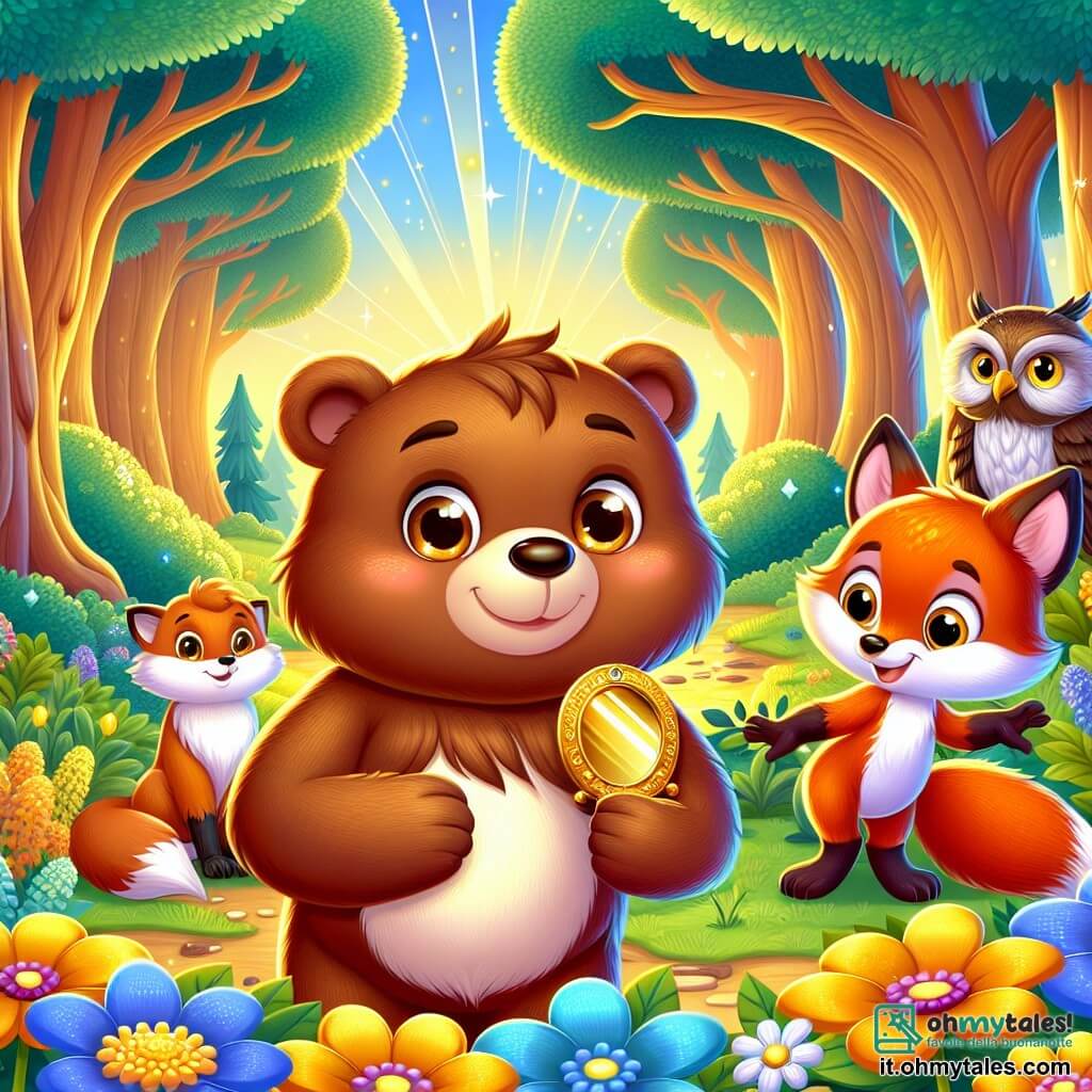 Un giovane orso bruno di nome Bruno, con un pelo morbido e occhi brillanti di curiosità, si trova al centro dell'immagine, tenendo un piccolo specchio dorato tra le zampe anteriori. La sua espressione è di meraviglia, con un grande sorriso che illumina il suo volto. Accanto a lui, una volpe colorata, con un pelo rosso e arancione, guarda lo specchio con occhi brillanti di eccitazione, sembrando gioiosa e amichevole, pronta a esplorare il mondo con Bruno. Un po' più lontano, un saggio gufo con piume marroni e bianche, posato su un ramo, osserva la scena con uno sguardo attento e incoraggiante. Il paesaggio è una foresta magica, con alberi maestosi e foglie verdi brillanti, illuminata da raggi di sole dorati che filtrano tra i rami. I fiori colorati, nei toni vivaci di blu, rosa e giallo, punteggiano il terreno, creando un'atmosfera incantata. La scena principale mostra Bruno e i suoi amici che scoprono lo specchio dorato, che rivela un sentiero misterioso verso avventure inesplorate. L'eccitazione e la curiosità si leggono sui loro volti, pronti a tuffarsi nell'ignoto.