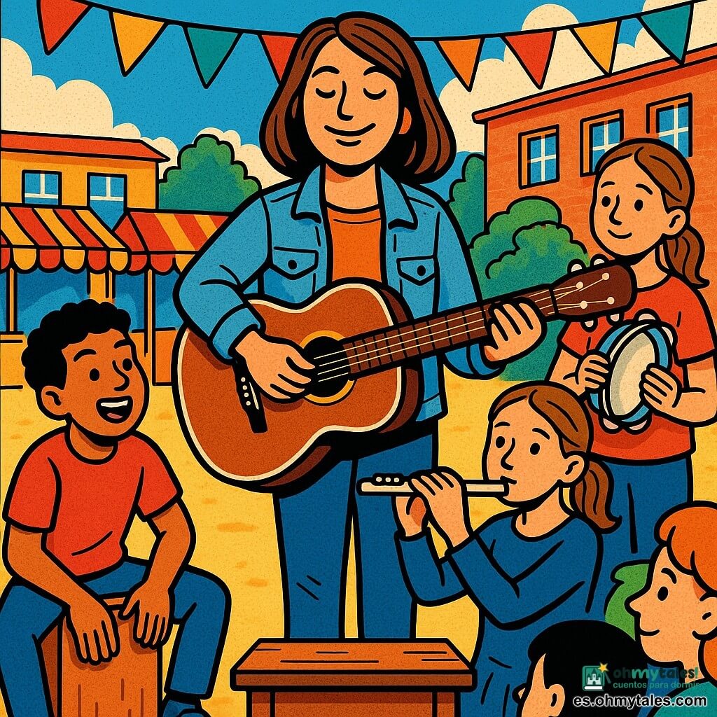 Mujer cantante sonriente y serena, cabello castaño medio, chaqueta vaquera clara, con una guitarra acústica brillante en el centro de un pequeño escenario de madera, mirada amable al público; Nora, ~12 años, tímida pero orgullosa, cabello castaño recogido, con una pandereta plateada a la derecha, dejando que su voz suene; Leo, ~12 años, enérgico y travieso, cabello corto rizado, sentado a la izquierda tocando un cajón; Sara, ~12 años, concentrada, rubia con una flauta plateada detrás de la guitarra; decorado: pequeño patio escolar diurno con banderolas y puestos, cielo azul pálido y algunos espectadores; escena: concierto escolar cálido donde la profesora baja el volumen para destacar la voz tímida, gestos de ánimo y luz suave.