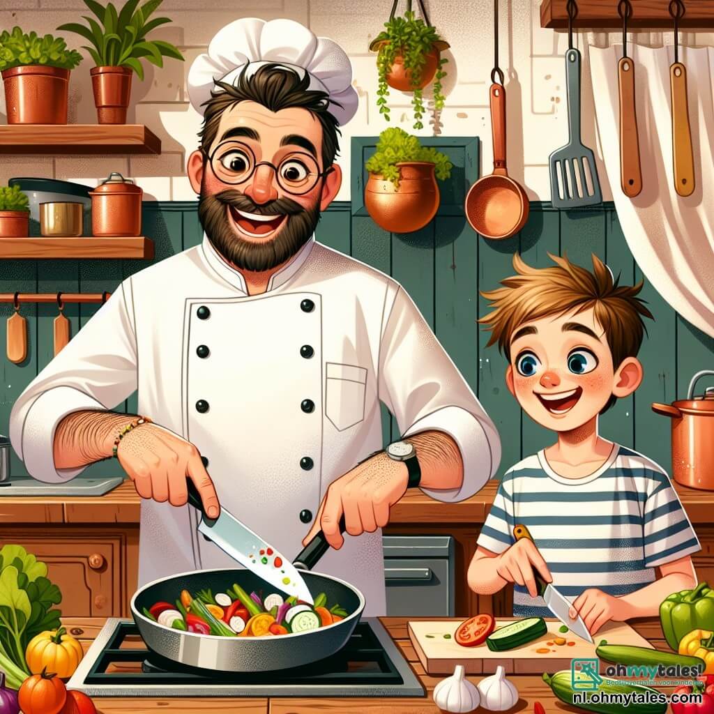 In een warme en kleurrijke keuken glimlacht een chef-kok, een man van rond de veertig met een bruine baard en ronde bril, vrolijk terwijl hij verse groenten snijdt. Hij draagt een witte chef-jack en een schort met kleurrijke patronen, en de opwinding is te zien in zijn stralende ogen. Naast hem kijkt een tienjarig jongetje, Tom, met zijn rommelige blonde haar en gestreept t-shirt, verwonderd toe terwijl hij een plastic mes vasthoudt, klaar om te helpen. De keuken is gevuld met koperen potten, verse kruiden die hangen en kleurrijke groenten die op een groot houten aanrecht liggen. De hoofdscène toont de chef en Tom die samen een heerlijke groentestoofpot bereiden, met groenten die in een grote pan sissen en de lucht vullen met een verrukkelijke geur.
