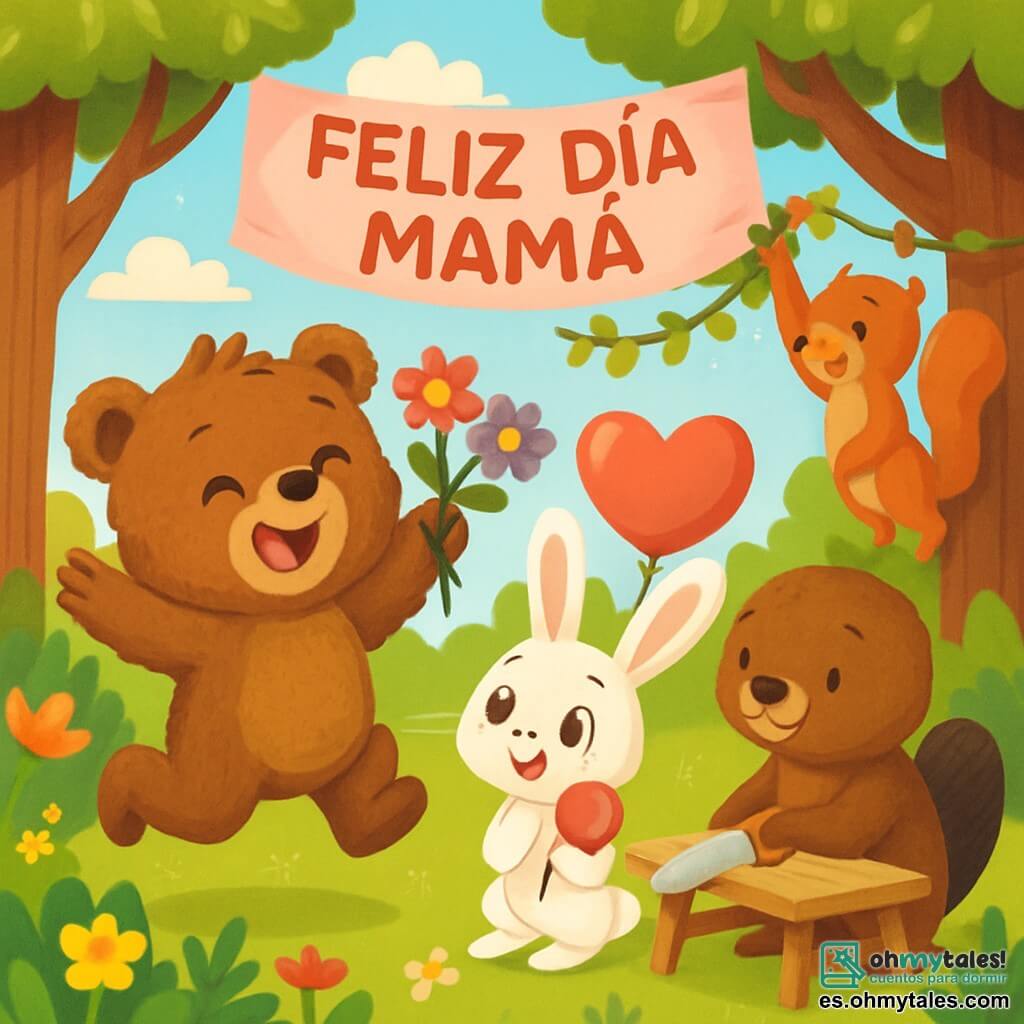 Un pequeño oso marrón, Osito Bruno, con un pelaje suave y despeinado, salta de alegría con una gran sonrisa en su rostro. Sostiene flores coloridas en sus pequeñas patas. A su lado, Lila la conejita, con sus grandes orejas y su pelaje blanco, mira con ojos brillantes de emoción, sosteniendo un globo en forma de corazón. Tomás el castor, con su pelaje marrón y su cola plana, está serrando una tabla de madera para preparar una mesa, luciendo concentrado pero feliz. Rita la ardilla, con su pelaje rojizo y su pequeña cola esponjosa, cuelga guirnaldas de hojas verdes en las ramas de un árbol, sonriendo alegremente. La escena tiene lugar en un hermoso claro soleado, rodeado de árboles majestuosos y flores brillantes, donde la luz se filtra a través de las hojas. En el centro, los amigos se afanan en preparar una fiesta sorpresa para Mamá Osa, llenos de entusiasmo y amor, listos para celebrar el Día de la Madre con decoraciones coloridas y risas.