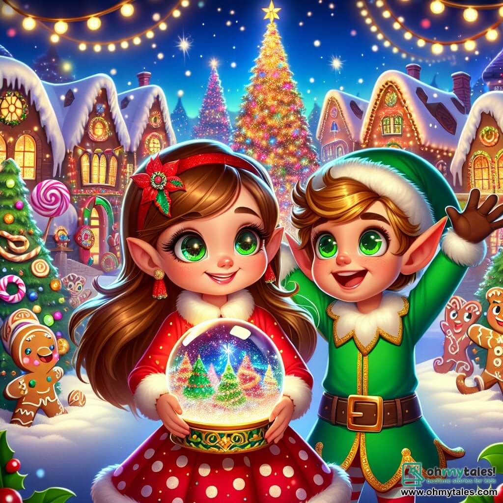 A 5-year-old girl named Lily, with long brown hair and sparkling eyes, stands at the center of the scene holding a beautiful shimmering snow globe. She wears a red dress with white polka dots and a Christmas hat, her face radiating excitement and curiosity. Next to her is a small elf named Tinsel, around 10 years old, with pointed ears and bright green eyes, smiling widely. He wears a bright green outfit with golden trim and pointed boots, raising his arms as if celebrating a magical moment. In the background, an enchanting village is illuminated by colorful lights, with gingerbread houses decorated with candy and a large sparkling Christmas tree topped with a golden star. Snow gently falls, covering the ground in a soft white blanket, creating a fairy-tale atmosphere. The main scene shows Lily and Tinsel surrounded by joyful creatures, celebrating the return of Christmas magic, as the snow globe shines brightly, illuminating their amazed faces.