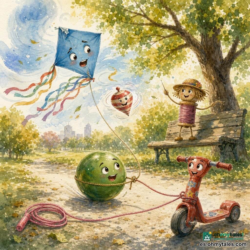 Lino, un cometa de papel azul con largas colas de cintas multicolores, vuela inclinado y algo nervioso, con un rincón arrugado y sombras y trazos de lápiz visibles; Brisa, una gran pelota verde brillante, rueda tirando del hilo de Lino junto a la base de un banco; Tiza, un patinete rojo de tres ruedas con pegatinas gastadas, marca la trayectoria; Susi, una cuerda para saltar rosa enrollada pero tensa, forma una guía entre Tiza y Brisa; Kiko, una peonza de madera roja y blanca, gira cerca de Lino; Maja, una marioneta de hilos con sombrero de paja, dirige desde un banco sonriendo; todo en un parque de verano con un gran árbol que proyecta sombra sobre un banco gastado, césped cálido, sendero de grava y luz filtrada; escena visual principal: Lino, atrapado por una racha juguetona llamada "Viento Travieso", se endereza y recobra vuelo mientras sus amigos en tierra lo ayudan tirando y guiando, creando movimiento, sensación de altura suave y tonos cálidos con toques de acuarela.