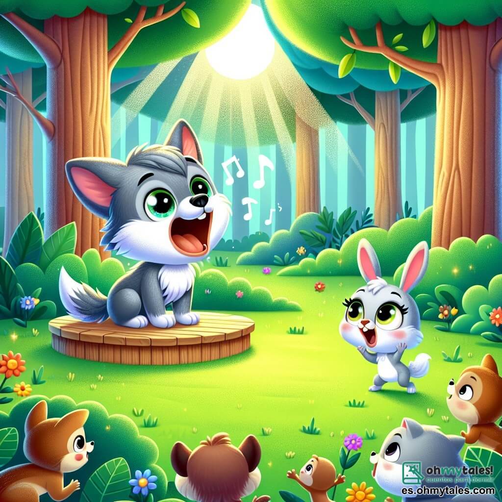 Un pequeño lobo llamado Lolo, con pelaje gris y ojos brillantes, se encuentra en un pequeño escenario de madera, con el corazón latiendo de emoción. Tiene una expresión decidida en su rostro, listo para aullar frente a todos los animales del bosque. A su lado, su amigo el pequeño conejo Pipo, con pelaje blanco y grandes orejas, salta de alegría, mostrando una gran sonrisa alentadora y agitando sus patas en el aire para apoyar a Lolo. El escenario es un claro verde, rodeado de majestuosos árboles con hojas brillantes y flores de colores que bailan al viento. Animales curiosos, como ardillas y pájaros, se reúnen alrededor, ansiosos por escuchar el gran aullido. Lolo, de pie en el escenario, toma una profunda inspiración antes de soltar un poderoso aullido, mientras los demás animales lo escuchan con admiración y entusiasmo, creando una atmósfera de apoyo y celebración.