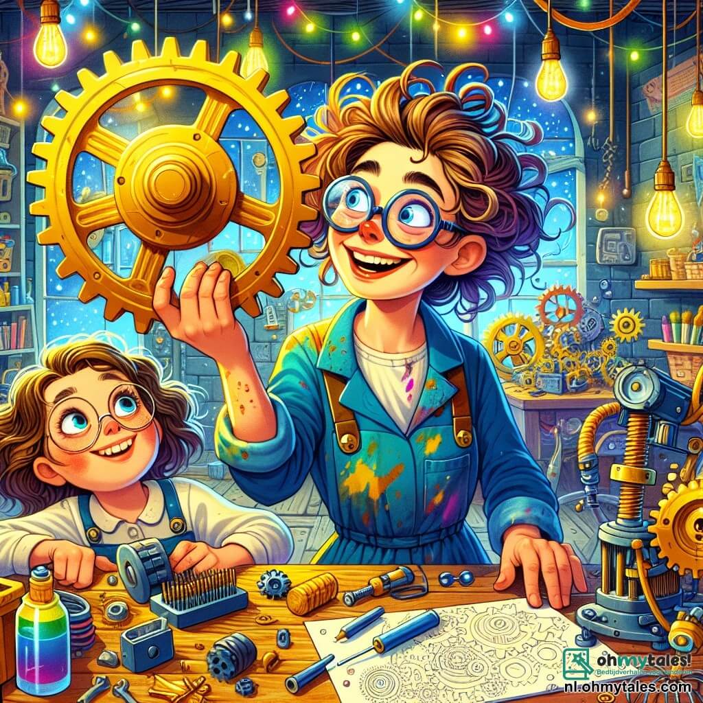 Een uitvinder, Mevrouw Nova, met messy haar en ronde brillen, glimlacht enthousiast terwijl ze een groot gouden tandwiel vasthoudt. Ze draagt een blauwe overall die olie vlekken heeft en staat in haar vrolijke en chaotische werkplaats. Naast haar kijkt een tienjarig meisje, Lotte, met bruin krullend haar, verwonderd met grote ogen, terwijl ze een klein model van een machine vasthoudt dat ze net heeft gemaakt. De werkplaats is gevuld met houten tafels bedekt met kleurrijke schetsen, vreemde machines, schroeven en veren verspreid, met muren geschilderd in levendige gele en groene tinten. Hangende gereedschappen en planken vol boeken dragen bij aan de creatieve sfeer. De hoofdscène toont Mevrouw Nova en Lotte die de nieuwe avontuurlijke machine testen, omringd door fonkelende lichten en magische geluiden, klaar om een fantasiewereld vol verbeelding in te duiken.