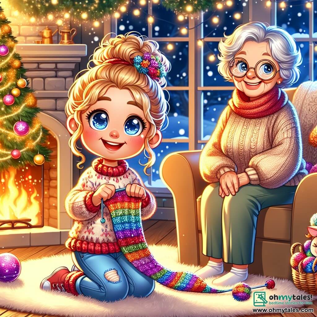 A 7-year-old girl with sparkling blue eyes and curly golden hair sits on a plush carpet in a cozy living room. She has a radiant smile and rosy cheeks from excitement, holding a colorful scarf she just finished knitting. Next to her, her grandmother, a gentle woman around 70 with silver hair in a bun and round glasses, smiles tenderly at the scarf. She is wrapped in a comfortable wool sweater and sits in a velvet armchair near the fireplace, where flames dance joyfully. The living room is decorated for Christmas, with a large tree sparkling with lights and colorful ornaments, and beautifully wrapped gifts around the trunk. Snowflakes gently fall outside, creating a magical atmosphere. The main scene shows the little girl proudly presenting her gift to her grandmother, who is touched and happy, while a soft golden light illuminates the scene, symbolizing love and family warmth during the Christmas holidays.