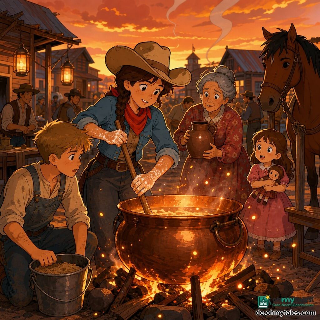 Eine konzentrierte, lächelnde Cowgirl (Luisa) mit braunen Zöpfen, beigem Lederhut, Jeansjacke und rotem Halstuch rührt mit bemehlten Händen einen großen Kupferkessel über dem Feuer; neben ihr der erschöpfte, aufmerksame Teenagerjunge Tom mit staubiger Latzhose und einem Eimer Sand, hinter ihr die ältere Oma Bea mit grauem Dutt und Blumenkleid, eine Krug Wasser bereithaltend, und im Hintergrund rechts die etwa sechsjährige Lila im rosa Kleid mit Puppe, ein großer Falbe namens Stern am Pfahl beobachtet ruhig, alles auf einem staubigen Marktplatz einer Präriekleinstadt im Abendlicht mit Holzstapeln, hängenden Laternen und leeren Ständen, als Funken durch eine Windböe Richtung Holz fliegen und Luisa schnell die Suppe schützt und das Feuer gelöscht wird, dynamische Szene mit Funken, leichtem Rauch, orangebeleuchteten Gesichtern und einer warm gesättigten Farbpalette (Ocker, Rot, Braun) in klaren, runden Linien, kleinen spiralförmigen Rauchdetails und glänzenden Reflexen auf dem Kessel.