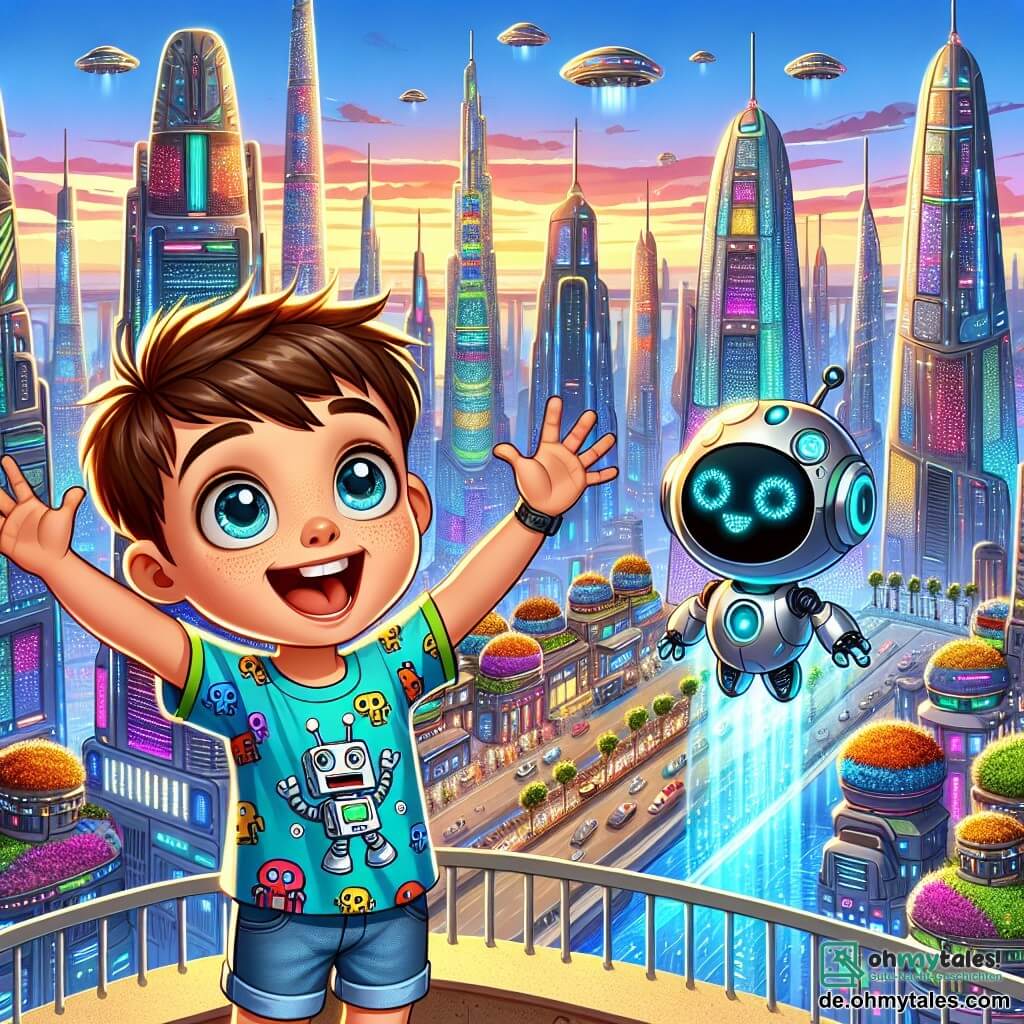 Ein 8-jähriger Junge namens Max mit zerzausten braunen Haaren und neugierigen Augen steht im Mittelpunkt des Bildes, begeistert von der spektakulären Aussicht auf die futuristische Stadt. Er trägt ein buntes T-Shirt mit Robotermotiven und eine Jeansshorts und hebt freudig die Arme, ein großes Lächeln erhellt sein Gesicht. Neben ihm schwebt ein kleiner, runder und freundlicher Roboter namens Robi leicht über dem Boden, mit leuchtenden Augen und einer glänzenden Metalloberfläche, und gibt ein leises Summen von sich. Robi wirkt ebenso aufgeregt wie Max, seine beweglichen Arme in einer freudigen Pose. Im Hintergrund erstreckt sich die Stadt Glitzerstadt mit futuristischen Gebäuden, die in lebhaften Farben schimmern und mit hängenden Gärten geschmückt sind. Fliegende Autos durchziehen den blauen Himmel, während Roboter aller Größen durch die belebten Straßen bewegen und eine dynamische und fröhliche Atmosphäre schaffen. Die Hauptszene zeigt Max und Robi, die von der Spitze eines hohen Turms die Aussicht bewundern, während sanfte Wolken um sie herum schweben und sie die Wunder dieser magischen Stadt entdecken, die voller Licht und Technologie ist.
