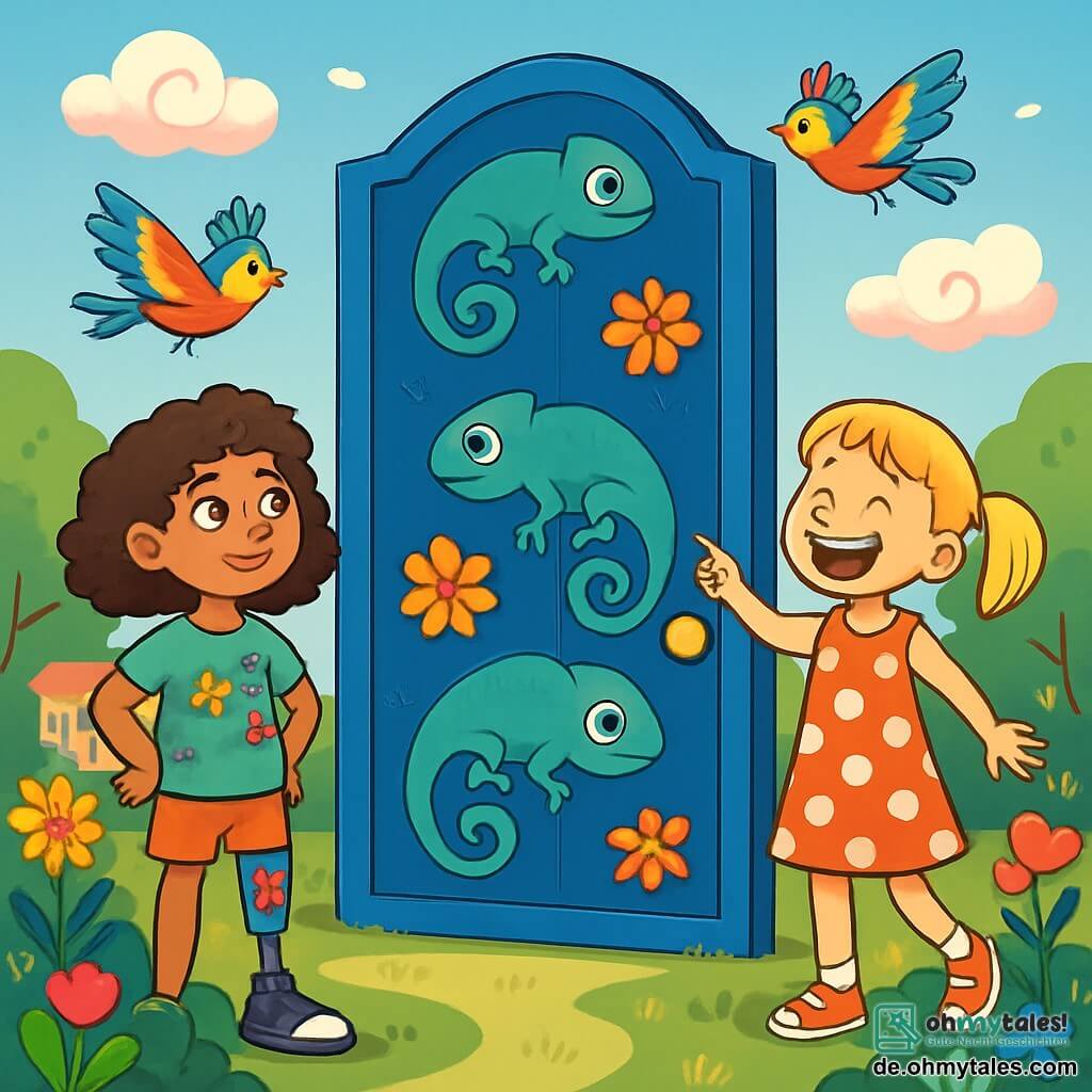 Es gibt zwei Hauptfiguren: - Mia: ein 10-jähriges Mädchen mit lockigem, braunem Haar, das eine mit Comic-Motiven verzierte Beinprothese trägt. Sie hat ein schelmisches Lächeln und trägt ein buntes T-Shirt mit Sternen. Sie steht links und schaut neugierig auf die Szene. - Jule: ein 10-jähriges Mädchen mit glattem, blonden Haar, das in zwei Zöpfen gebunden ist. Sie trägt ein gepunktetes Kleid und Turnschuhe. Sie steht rechts, lacht und zeigt auf eine riesige blaue Tür. Der Schauplatz ist ein großer, bunter Schulgarten, voller leuchtender Blumen und grüner Rasenflächen. In der Mitte steht eine riesige blaue Tür, verziert mit Chamäleon- und Blumenmotiven. Zuckerwattenwolken schweben am Himmel, und bunt gefiederte Vögel singen fröhlich. Die Hauptsituation der Geschichte zeigt Mia und Jule, die fasziniert und amüsiert vor der blauen Tür stehen, die zu schweben scheint. Sie sind bereit, sie zu öffnen, neugierig auf die verrückten Abenteuer, die sie dahinter erwarten.