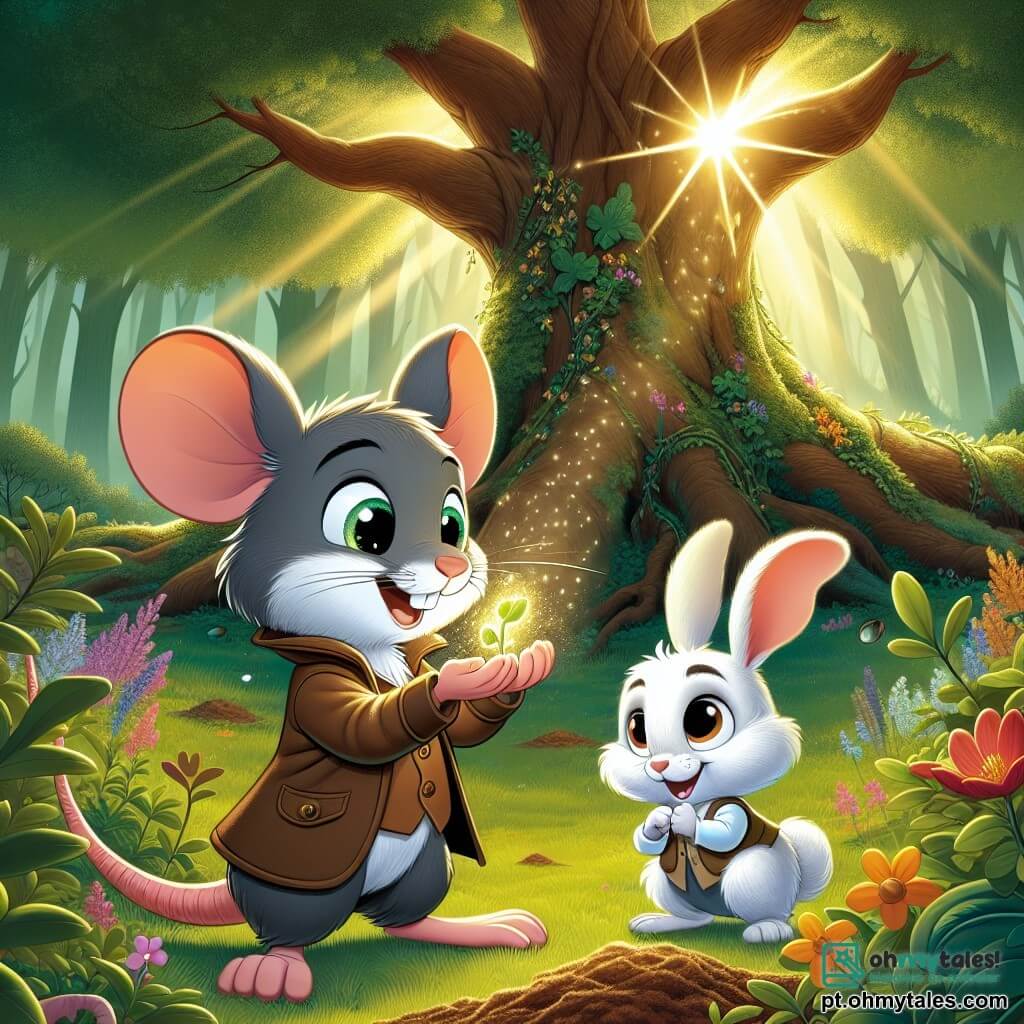 Um pequeno rato chamado Rafi, com pelagem cinza macia e olhos brilhantes de curiosidade, está de pé sobre as patas traseiras, com um sorriso radiante no rosto, segurando uma pequena semente brilhante com as patas dianteiras. Ao seu lado, um coelhinho travesso chamado Beto, com grandes orelhas e pelagem branca, olha para Rafi com admiração, seus olhos redondos cheios de esperança, pronto para ajudá-lo. A cena acontece ao pé de um majestoso Carvalho, cujos galhos se estendem amplamente, cobertos de folhas verdes vibrantes, e cercado por flores coloridas que dançam ao vento. O sol filtra através das folhas, criando reflexos de luz dourada no chão da floresta. Rafi e Beto estão plantando sementes mágicas ao redor do Carvalho, esperando salvá-lo de seu triste destino, enquanto uma doce melodia da floresta os encoraja em sua missão.