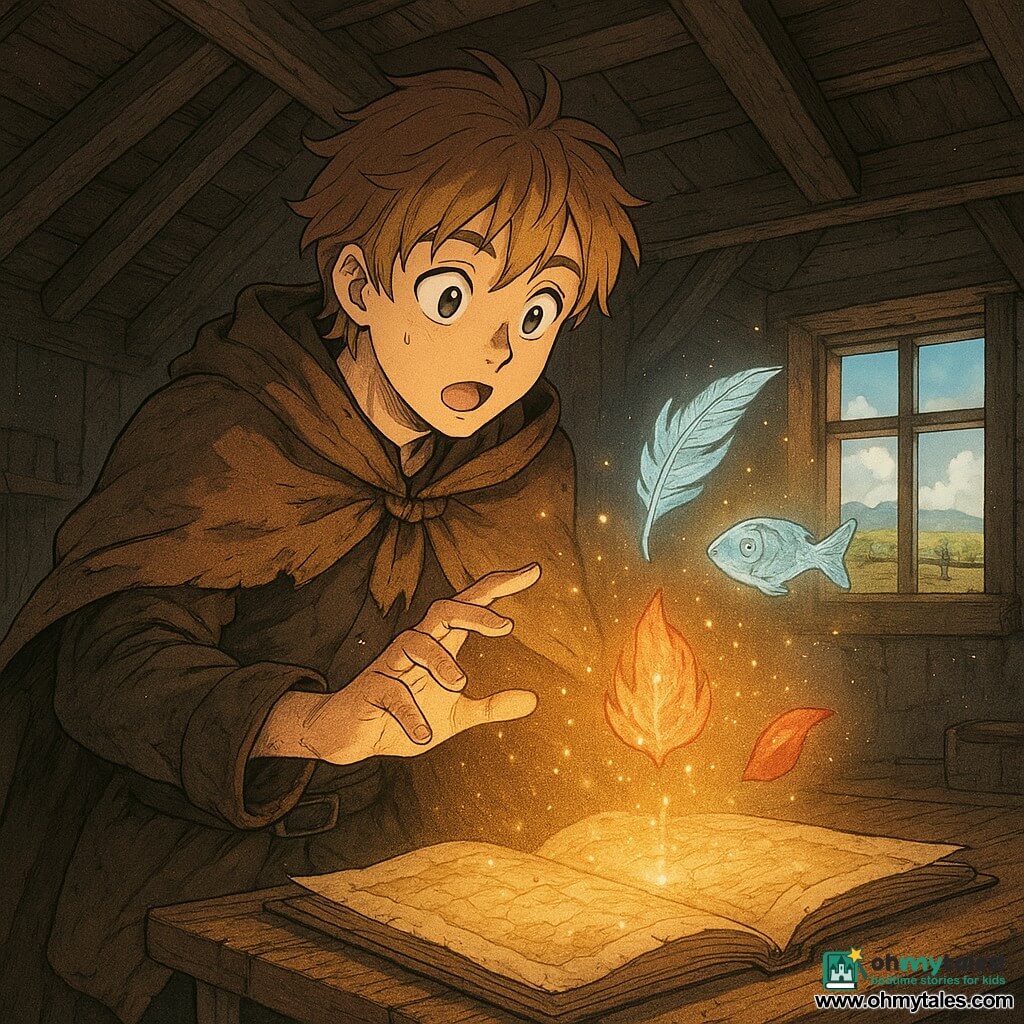 A young adult man, curious and awed with wide eyes and parted mouth, leans over a map opening on his desk; he wears a worn brown cloak, leather boots, messy light-brown hair, and reaches toward floating symbols whose fingertips glow with golden light; the secondary nonhuman character is a rolled map come to life, radiating warm, starlike light, topped by three floating symbols — a feather of translucent wind, a fish carved from silver moonlight, and an ember-glowing seed; setting: a mansard attic with dark wooden beams, dust in morning sunbeams, a small open window looking over a valley with clouds resting on fences, strong textures of wood and cracked parchment and warm golden light; the moment captures the map opening and symbols rising, a magical, discovery-filled atmosphere centered on the man and the map, with warm (gold, amber) and cool (silver, pale blue) contrasts.